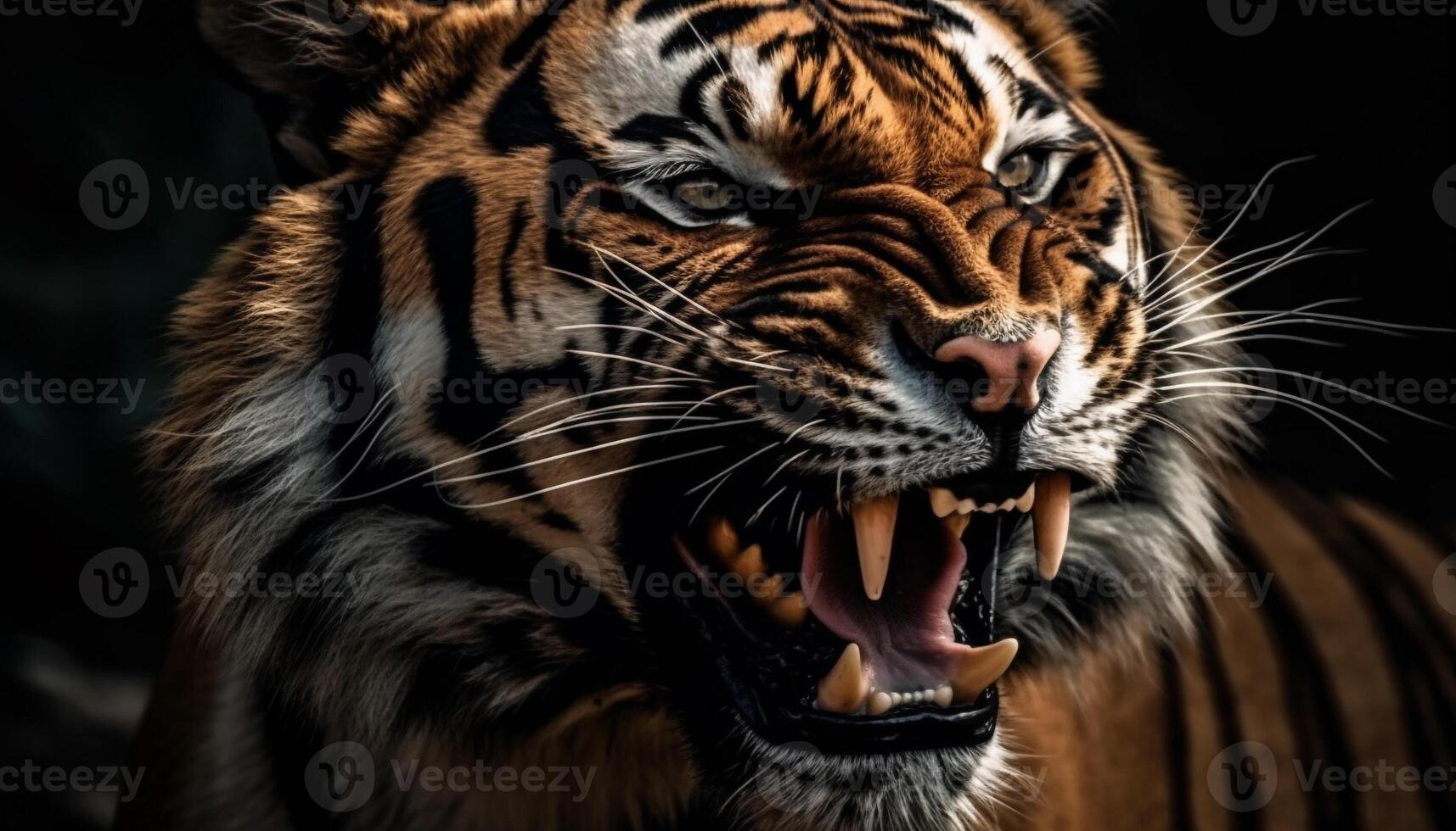 Majestic Bengal tiger snarling with aggression in tropical rainforest generated by AI photo