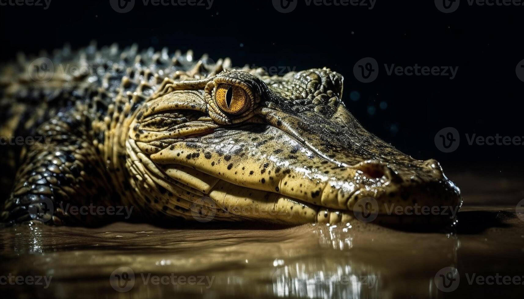 Poisonous dragon looking at camera in dark tropical swamp water generated by AI photo