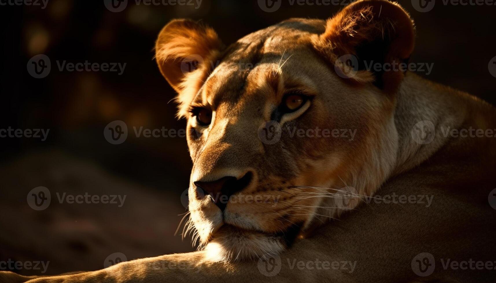 A majestic lioness resting in the tranquil wildlife reserve generated by AI photo