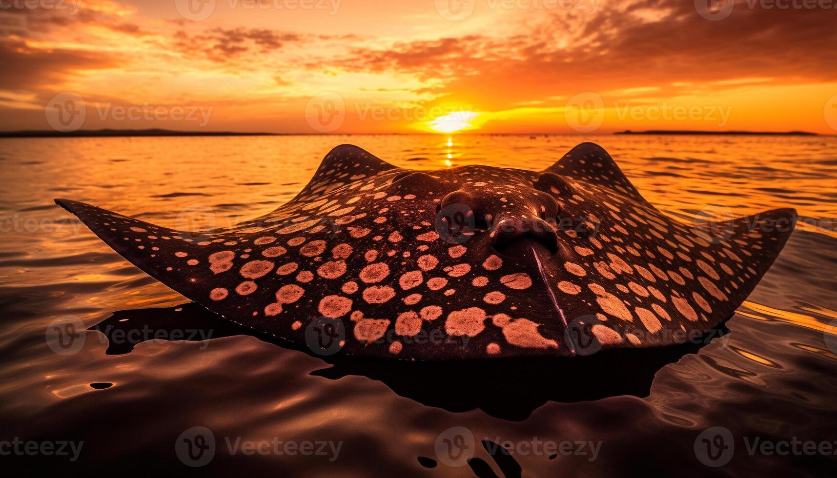 Tranquil sunset seascape with multi colored fish in tropical waters generated by AI photo