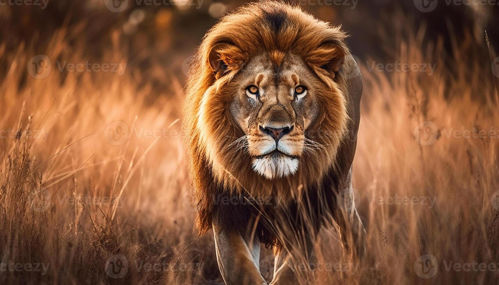 Majestic male lion walking in the savannah at sunset generated by AI photo