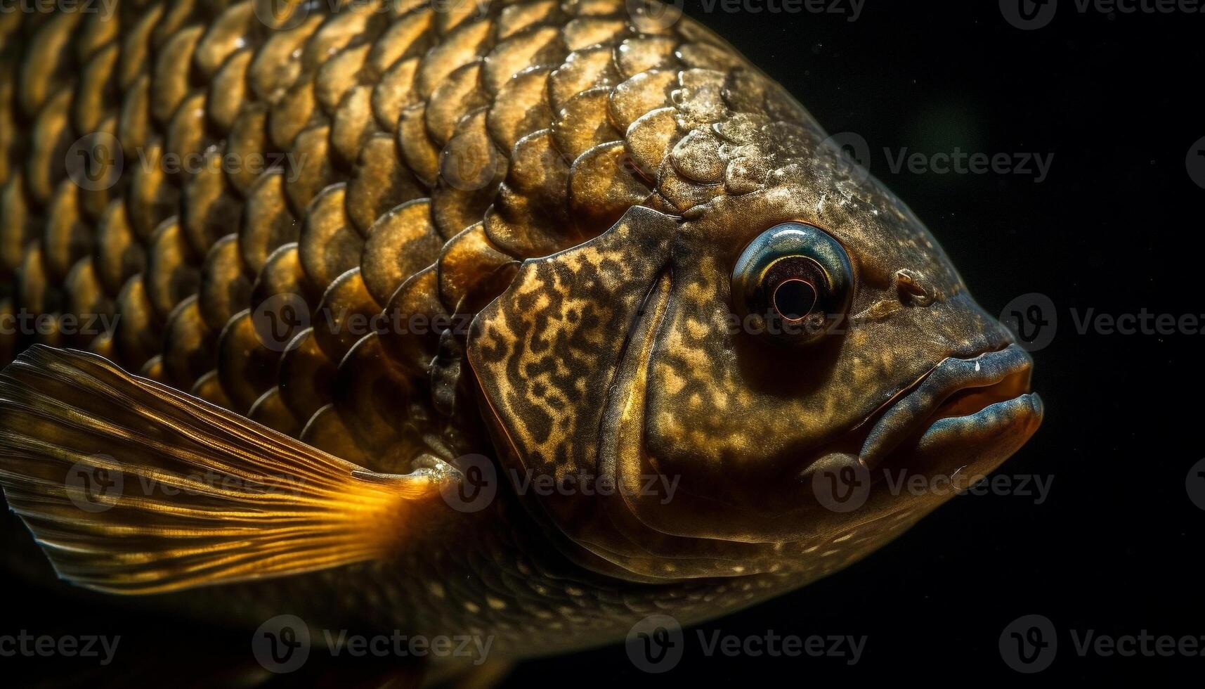 One animal swimming in freshwater with a close up of its eye generated by AI photo