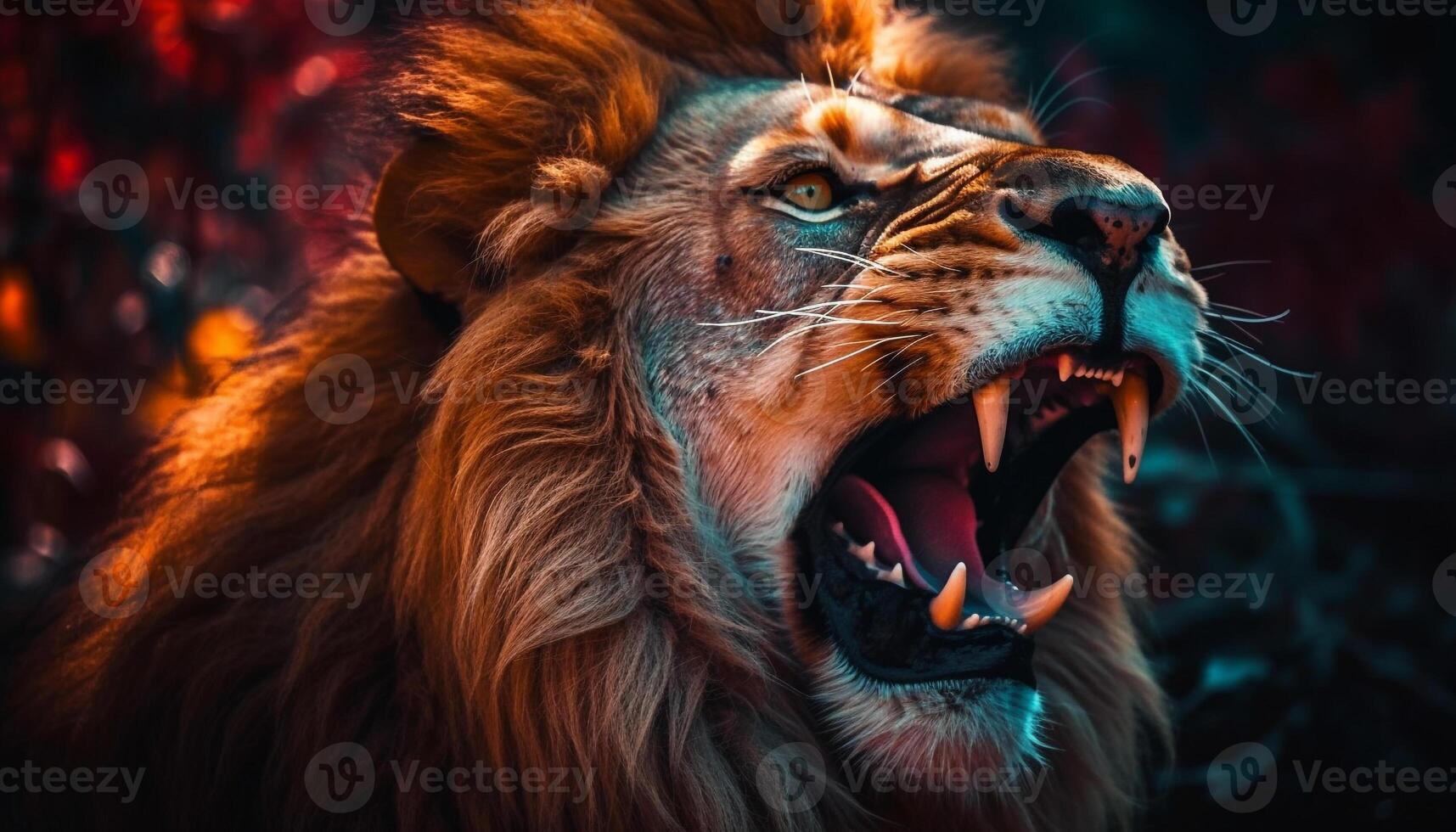 A fierce lion, the jungles regal monarch, roars with power AI Generated  31586259 Stock Photo at Vecteezy