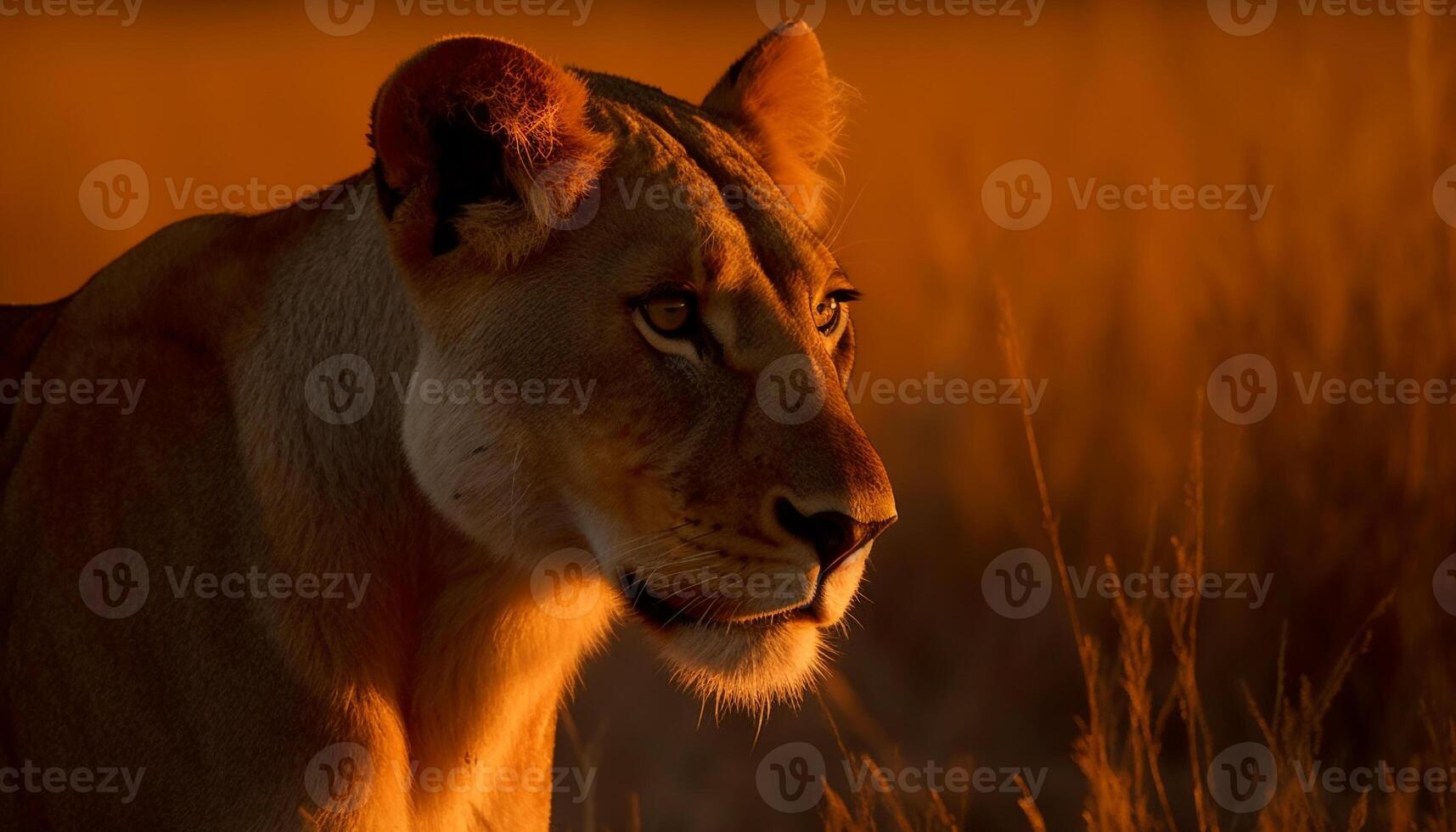 Majestic lioness in the savannah, fur glowing in sunrise sunlight generated by AI photo