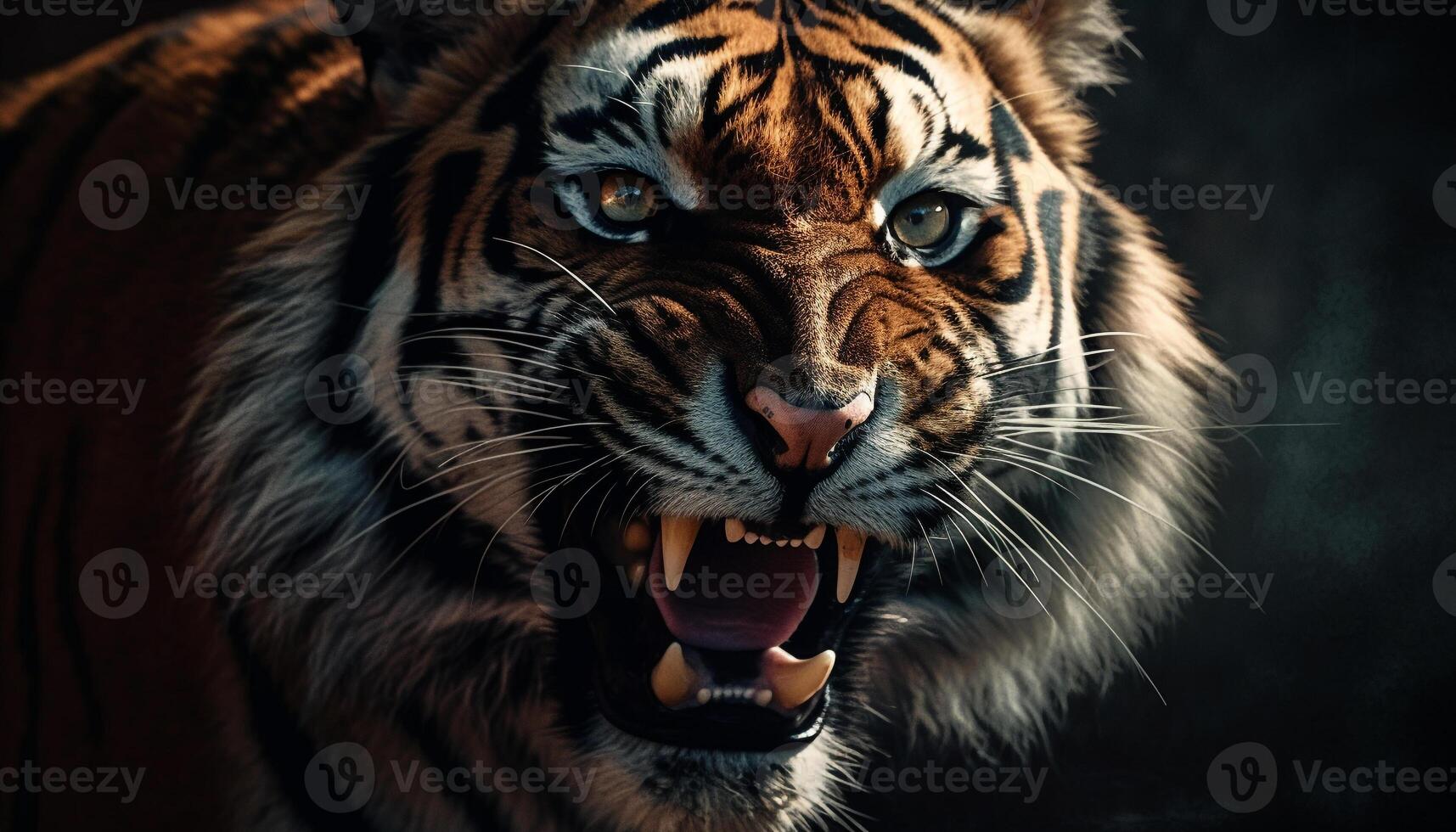 Majestic Bengal tiger staring fiercely, showing its beautiful striped fur generated by AI photo