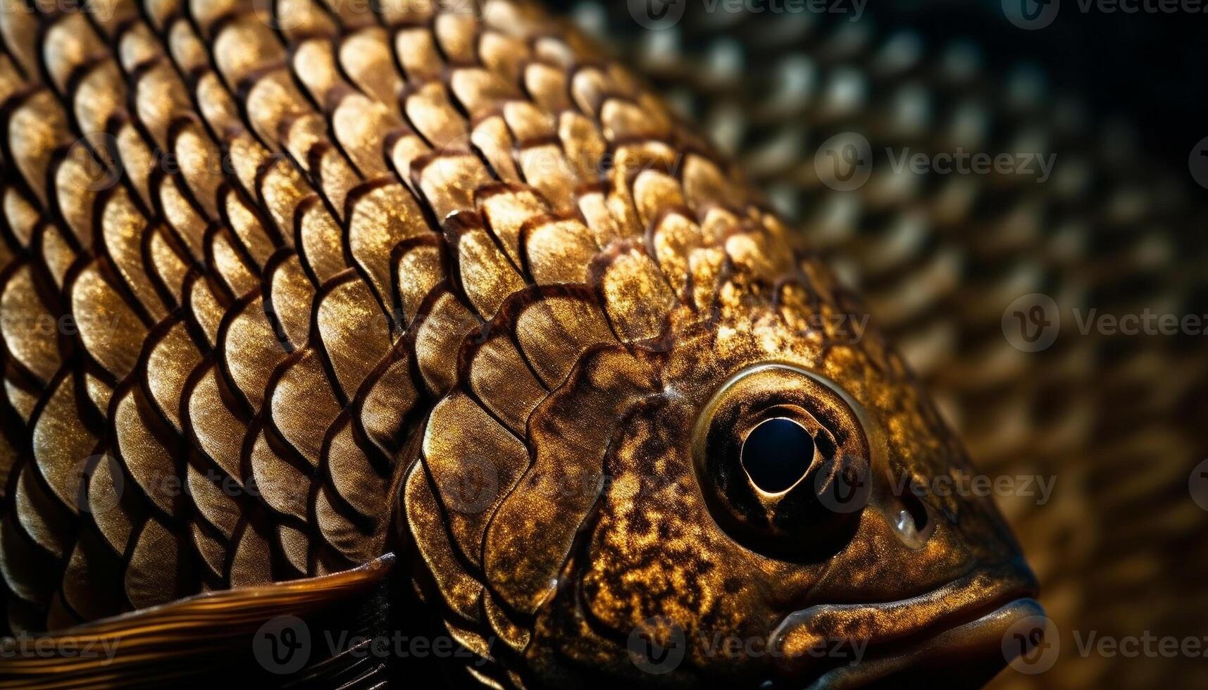 The gold colored fish eye in close up underwater, a beauty in nature generated by AI photo