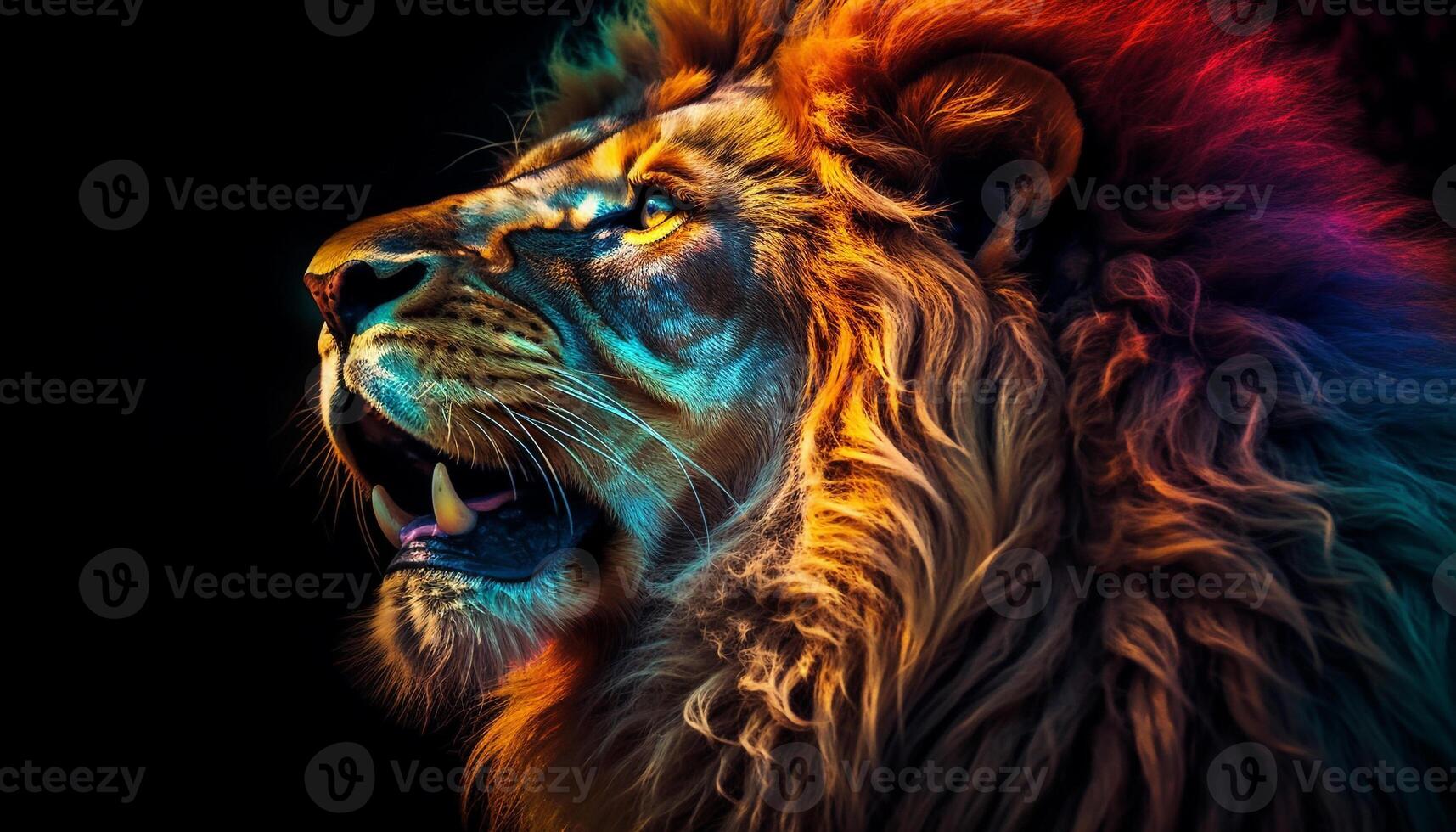 Majestic lion staring fiercely, teeth bared, in close up portrait generated by AI photo