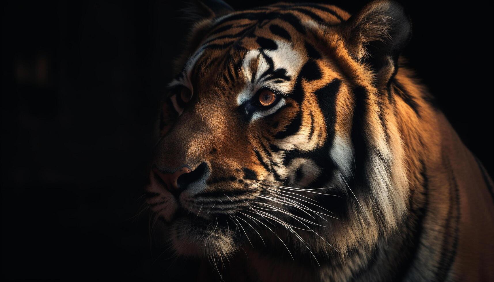 Majestic tiger staring with selective focus on its striped fur generated by AI photo