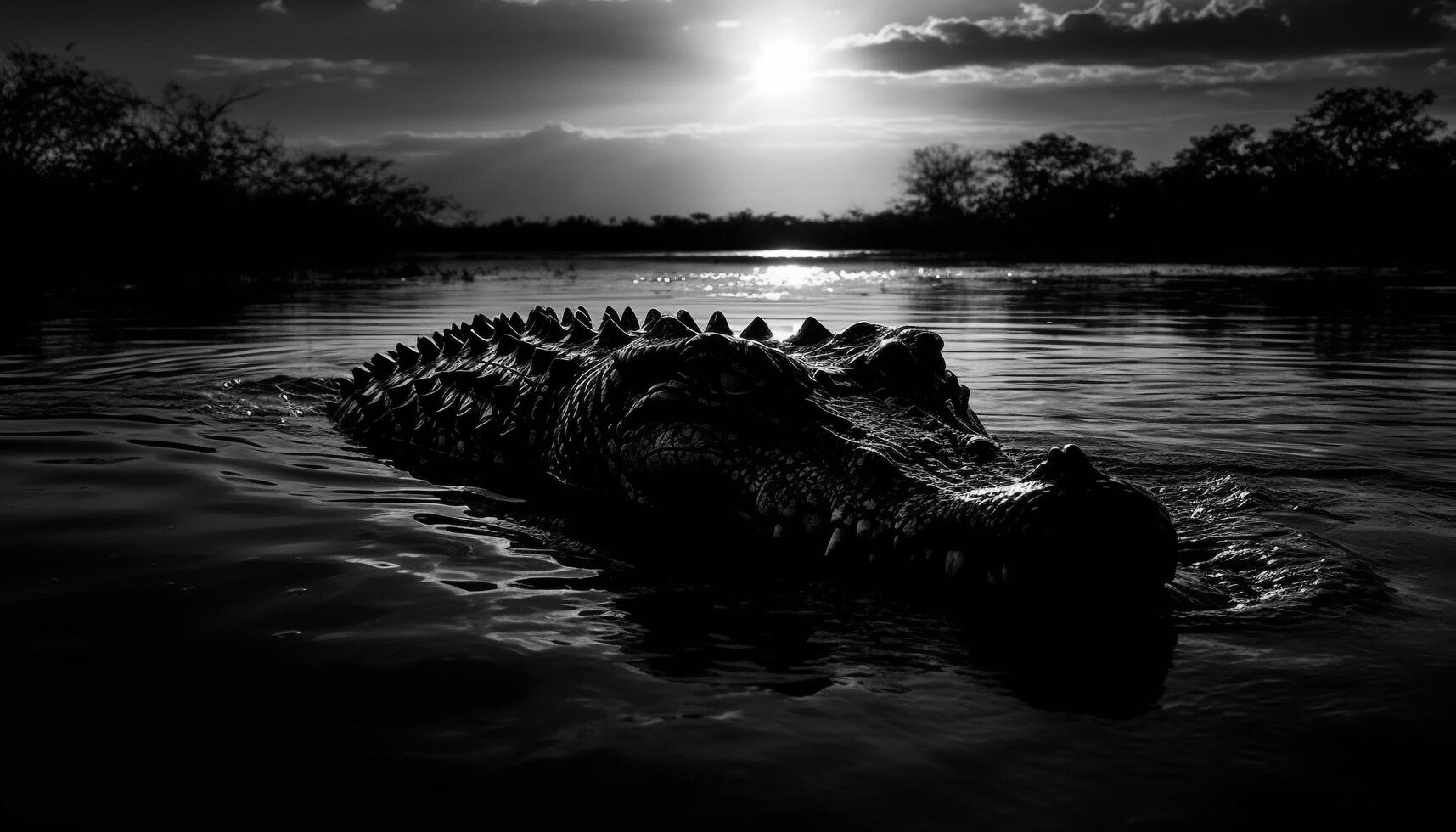 Crocodile resting in tranquil pond, teeth glistening in sunlight generated by AI photo