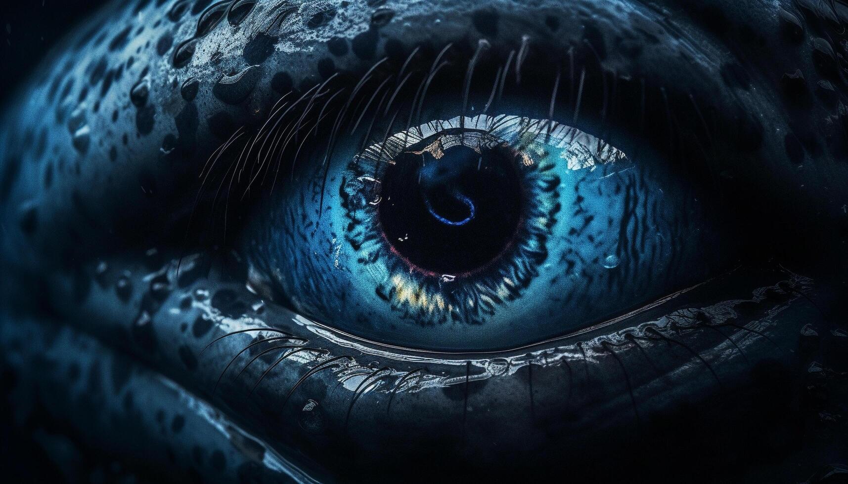 Spooky monochrome animal eye staring at camera in close up reflection generated by AI photo