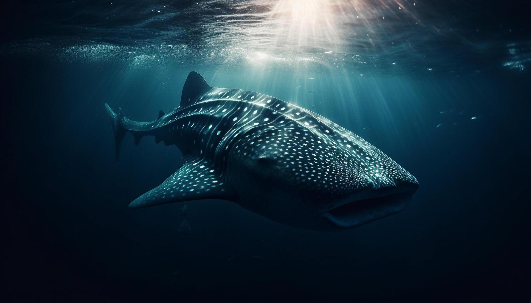 Majestic giant whale shark swimming in dark, underwater reef generated by AI photo