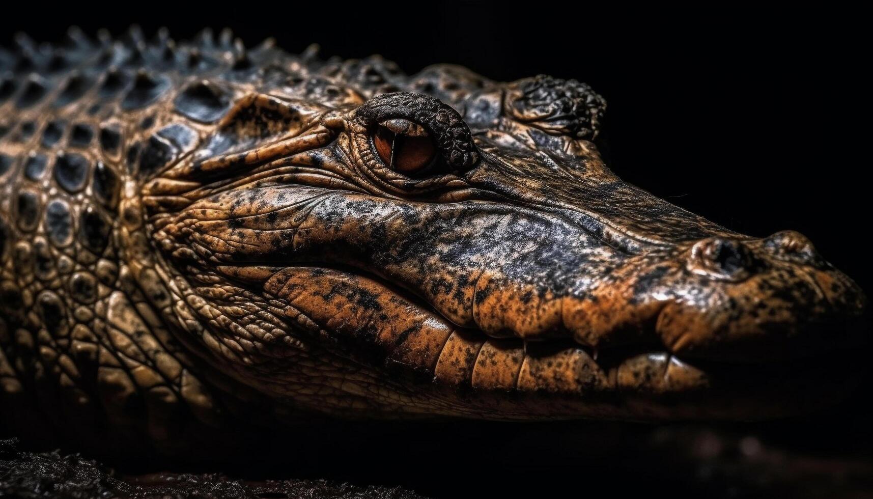 Large crocodile dangerous teeth in close up portrait, outdoors generated by AI photo