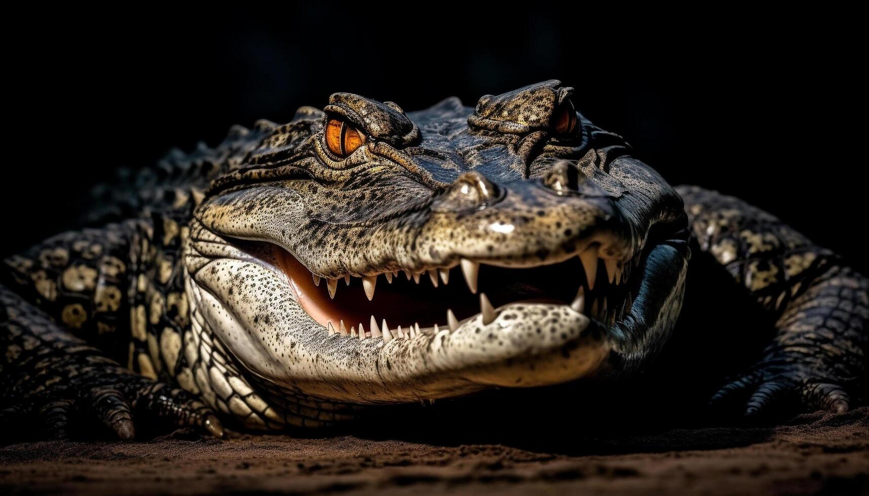 Furious crocodile with open mouth threatens in dark swamp generated by AI photo