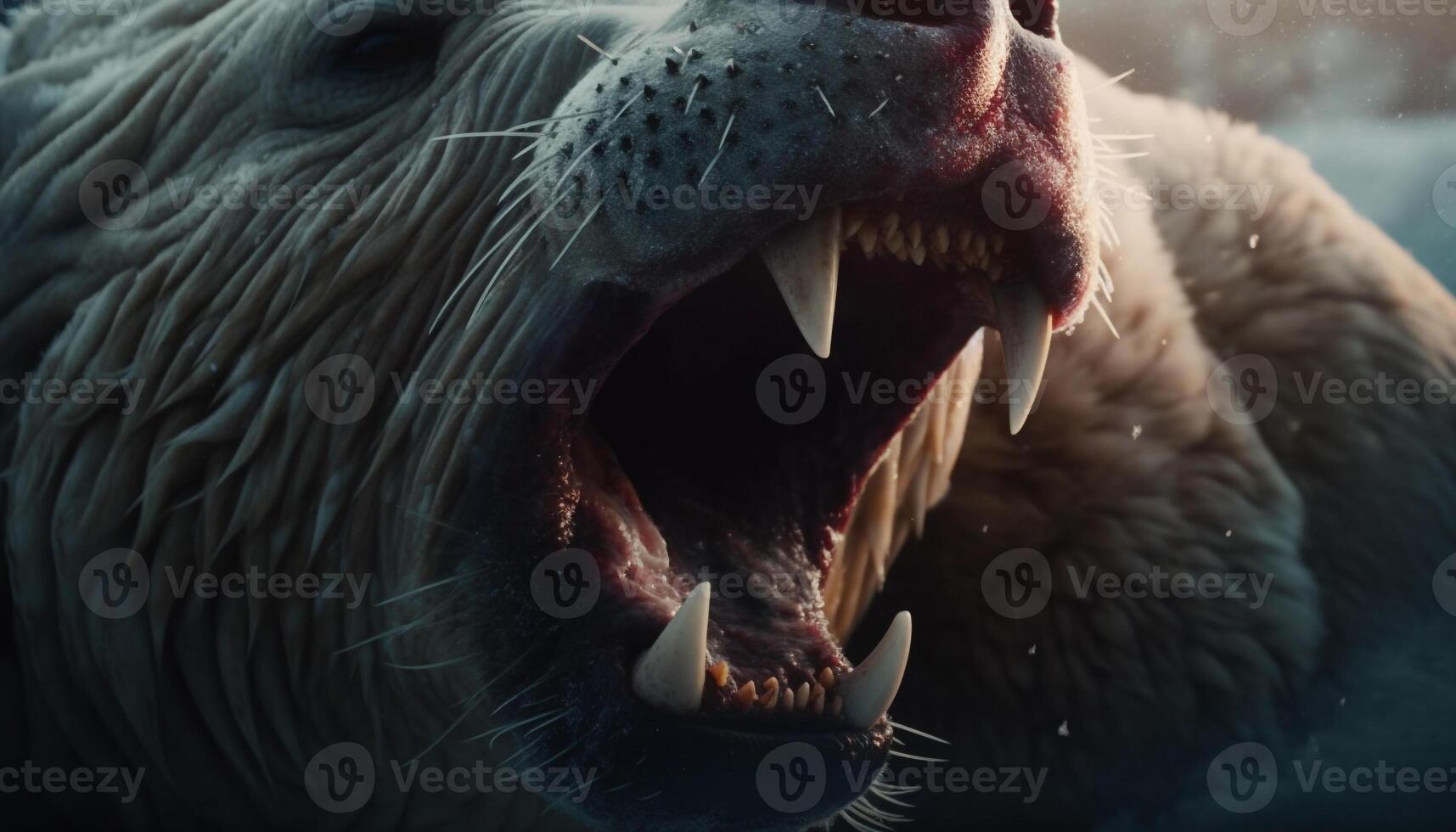Furious lion roaring with open mouth in arctic winter outdoors generated by AI photo
