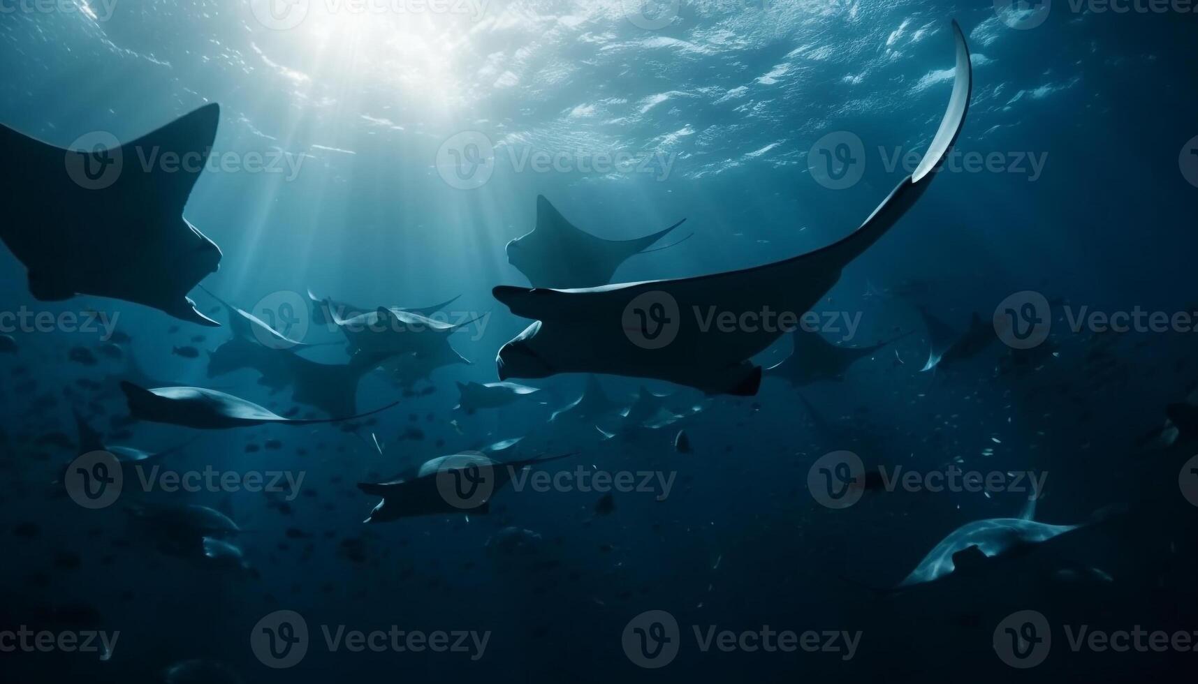 Majestic manta ray swimming below a school of fish generated by AI photo
