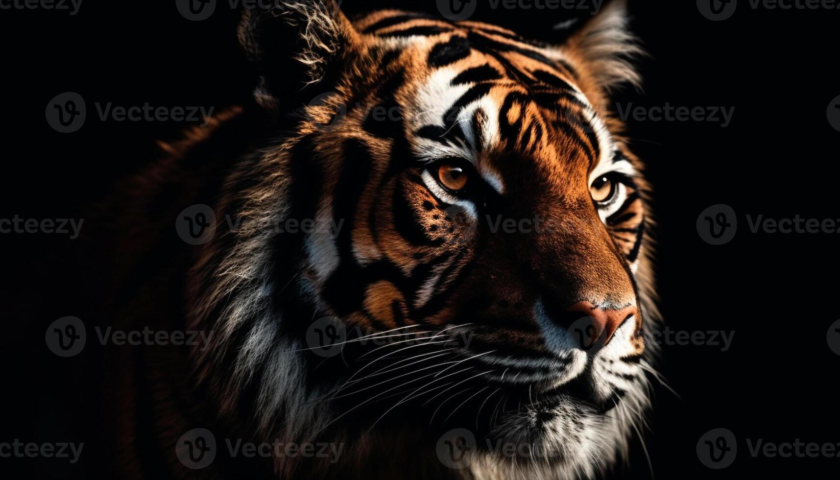 cerca arriba retrato de majestuoso Bengala Tigre curioso con agresión generado por ai foto