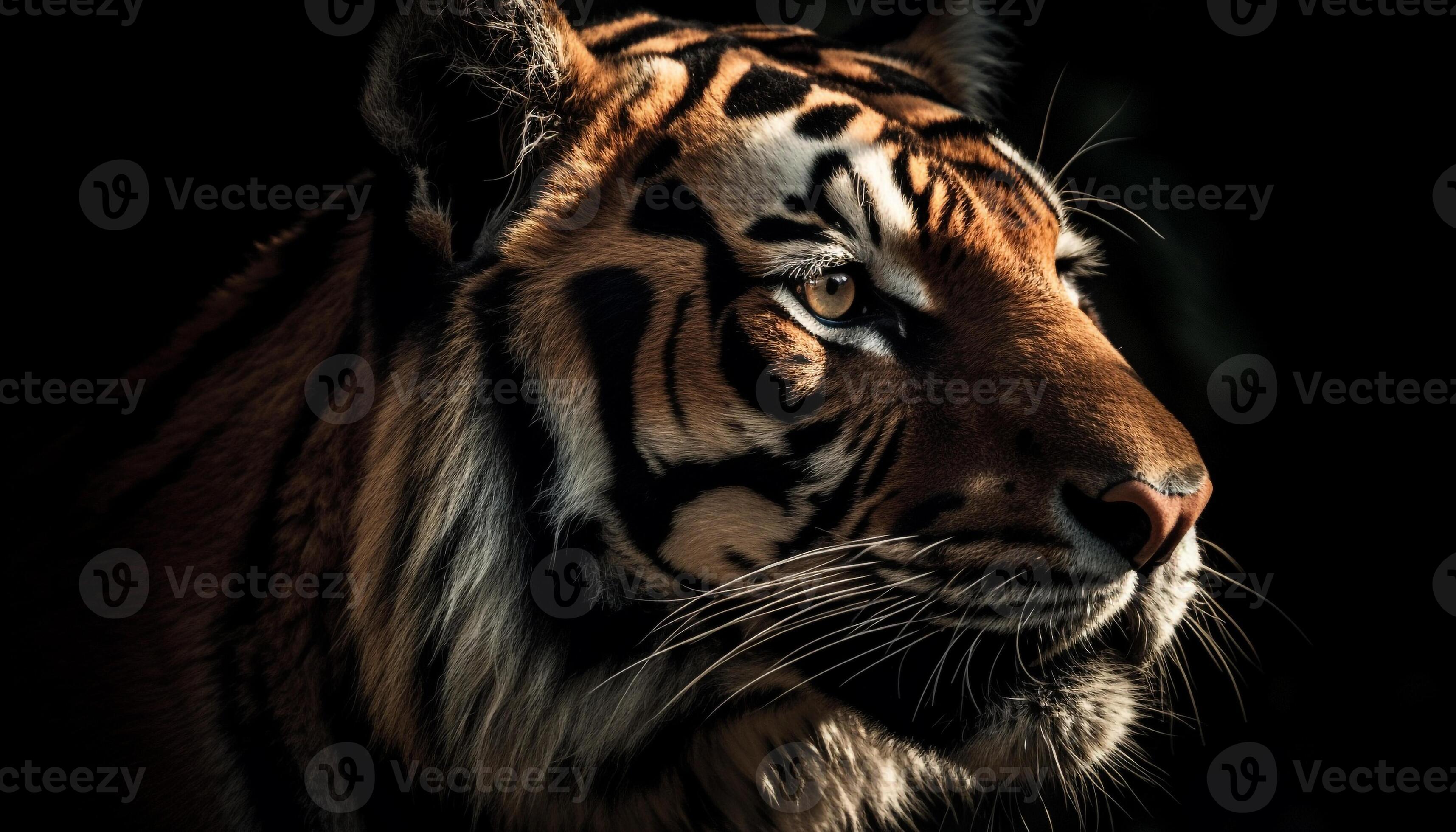 Majestic Bengal tiger staring, close up portrait in tropical rainforest ...