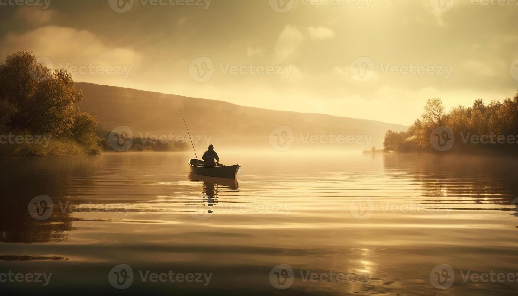 One person rowing a canoe at sunset, enjoying tranquil nature generated by AI photo