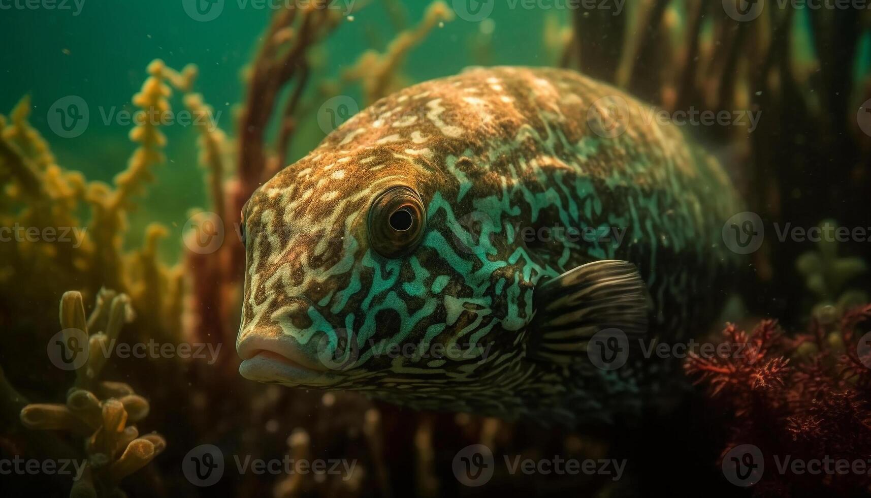 Close up of multi colored fish swimming in tropical coral reef generated by AI photo