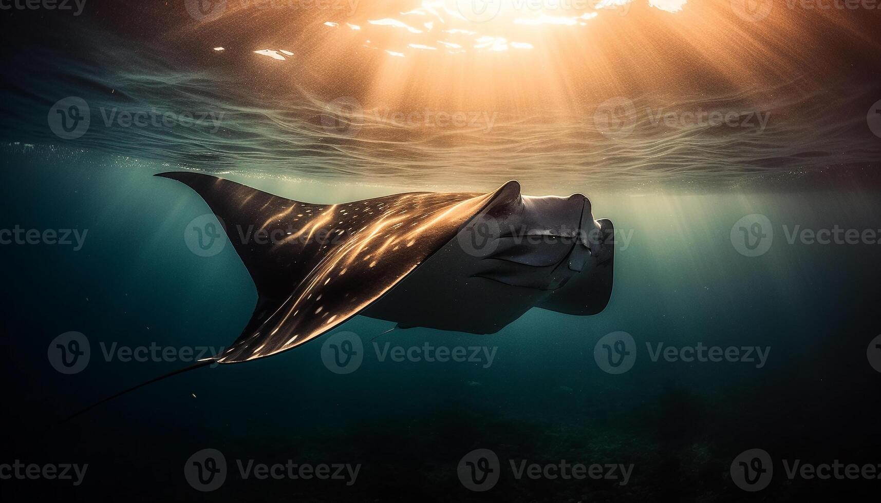 Majestic manta ray swimming below sunset in tropical seascape generated by AI photo