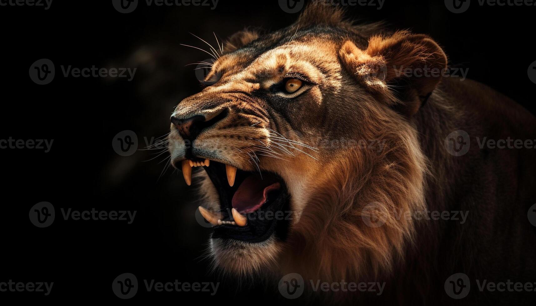 Majestic lioness roaring with aggression, showcasing her powerful teeth generated by AI photo