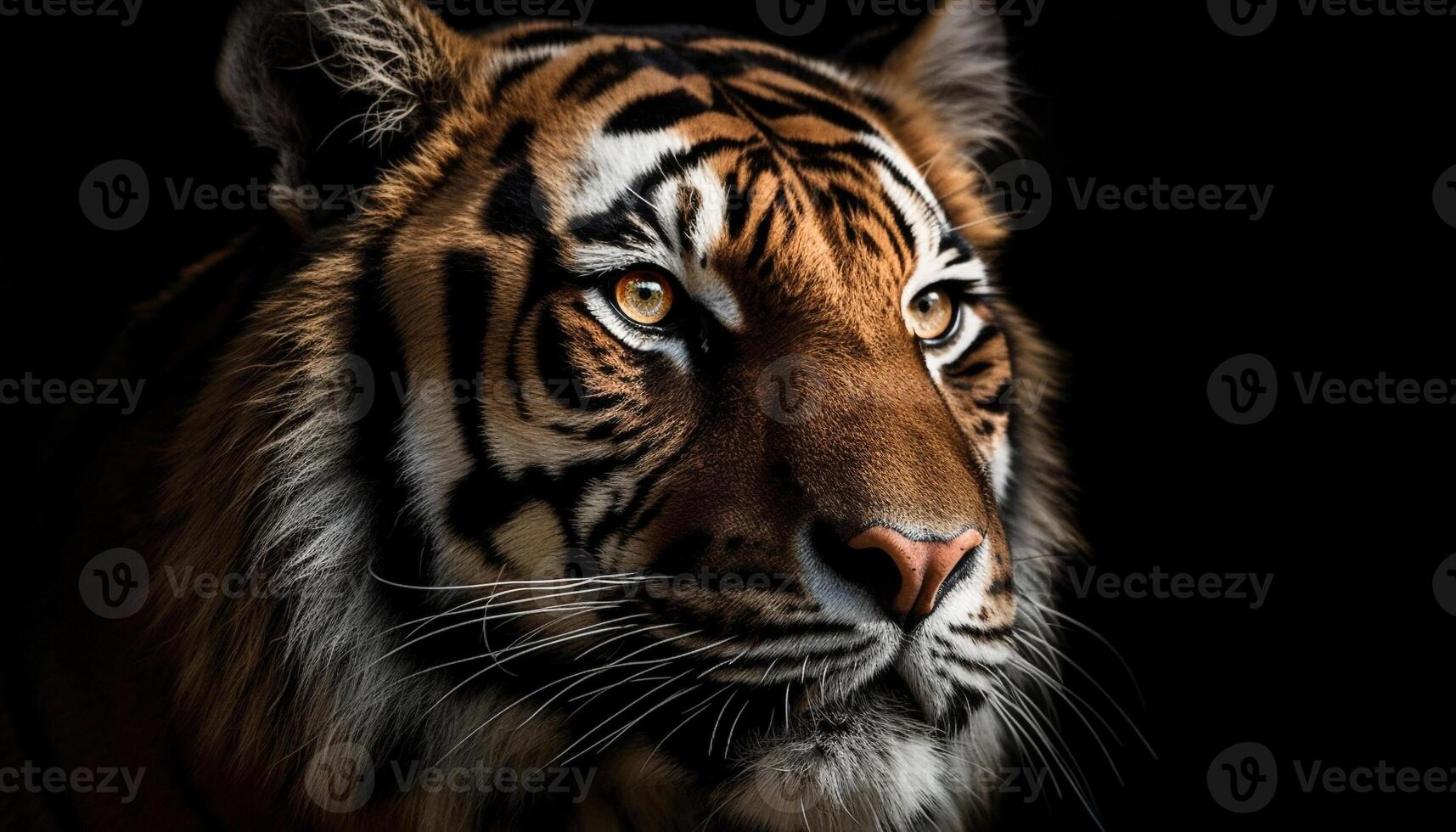 majestuoso Bengala Tigre curioso con agresión, a rayas piel en atención generado por ai foto