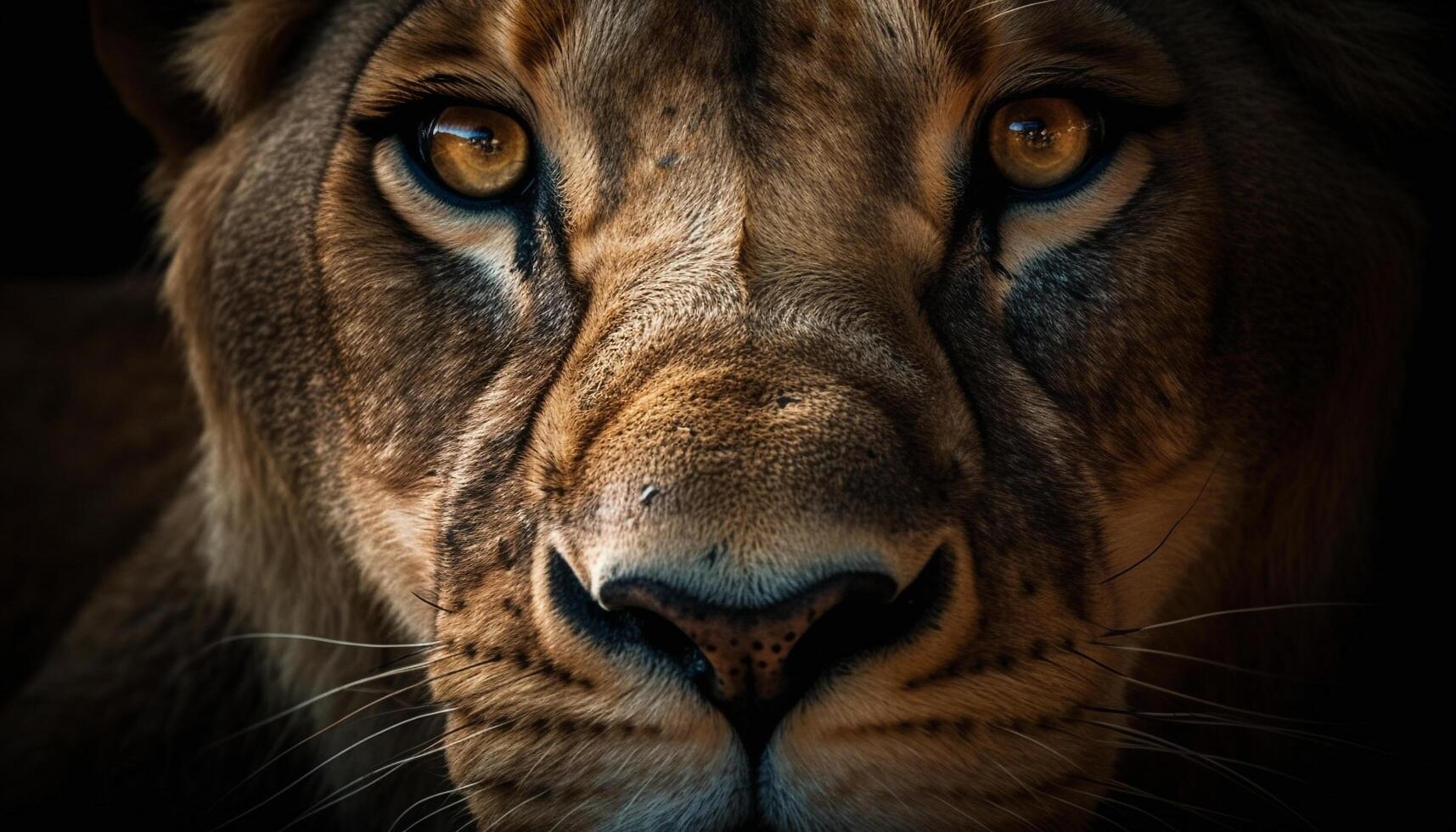 Majestic lion staring at camera, focus on foreground, outdoors beauty generated by AI photo