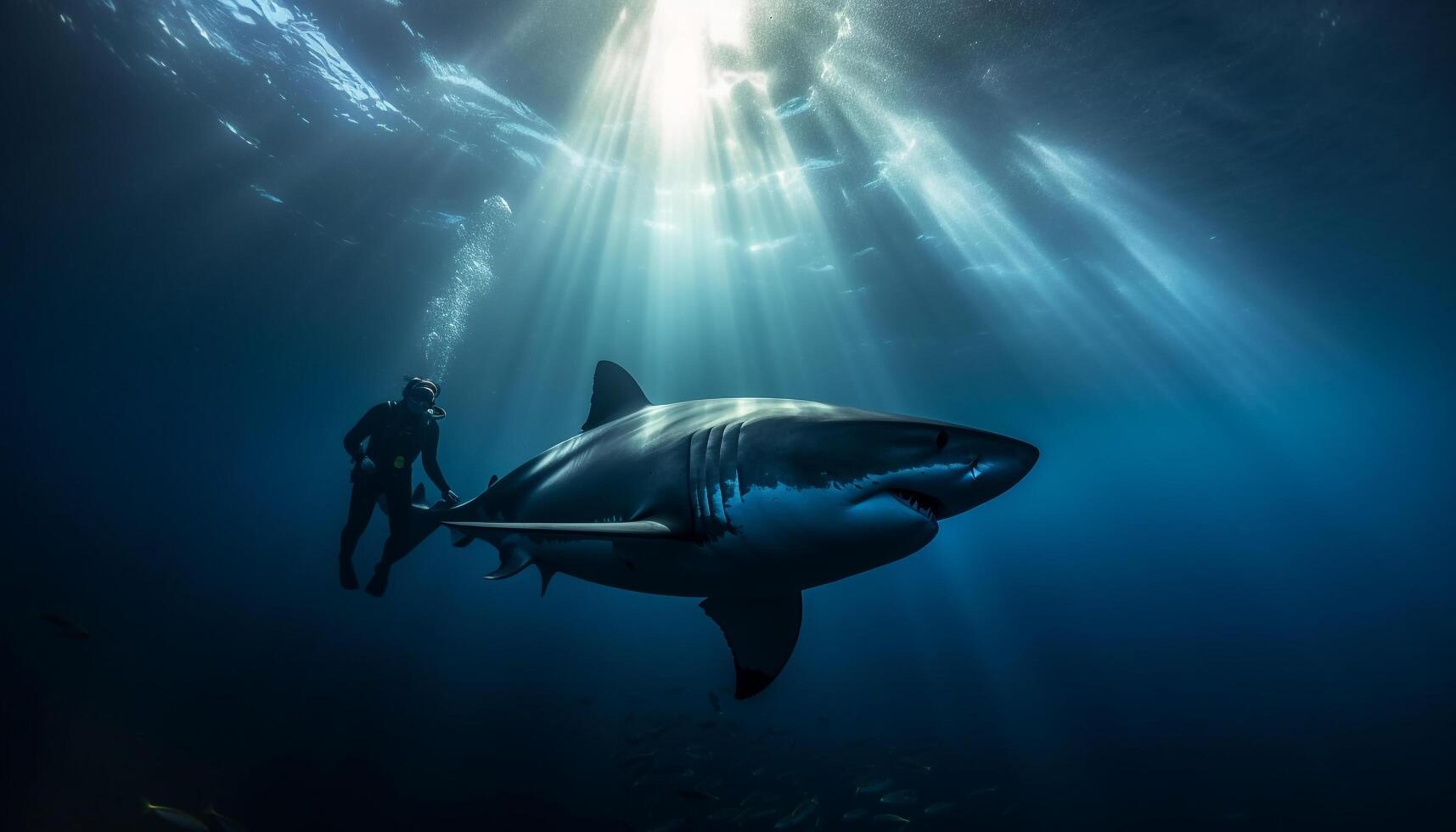One person scuba diving with majestic sea life in tropical waters generated by AI photo