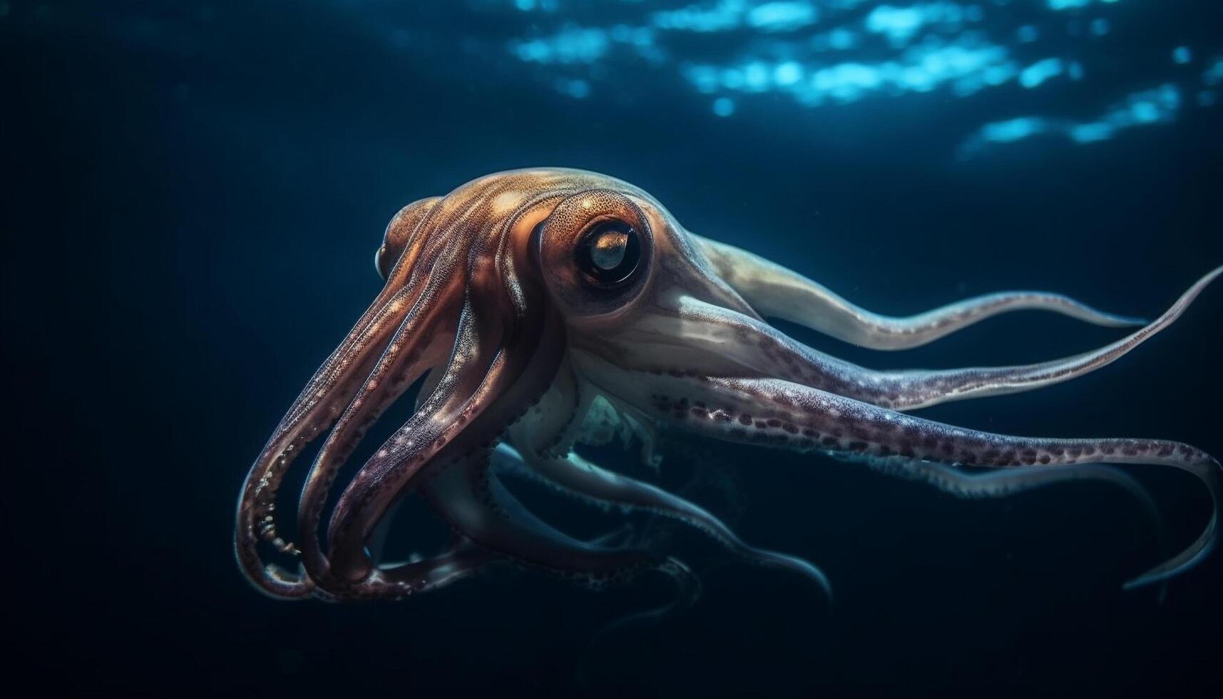 Deep blue sea life Octopus tentacles swim among coral reef generated by AI photo