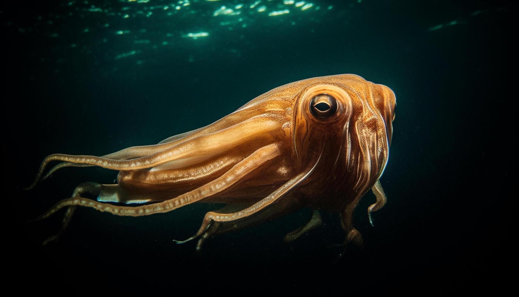 Multi colored octopus swims in deep blue sea among coral reef generated by AI photo