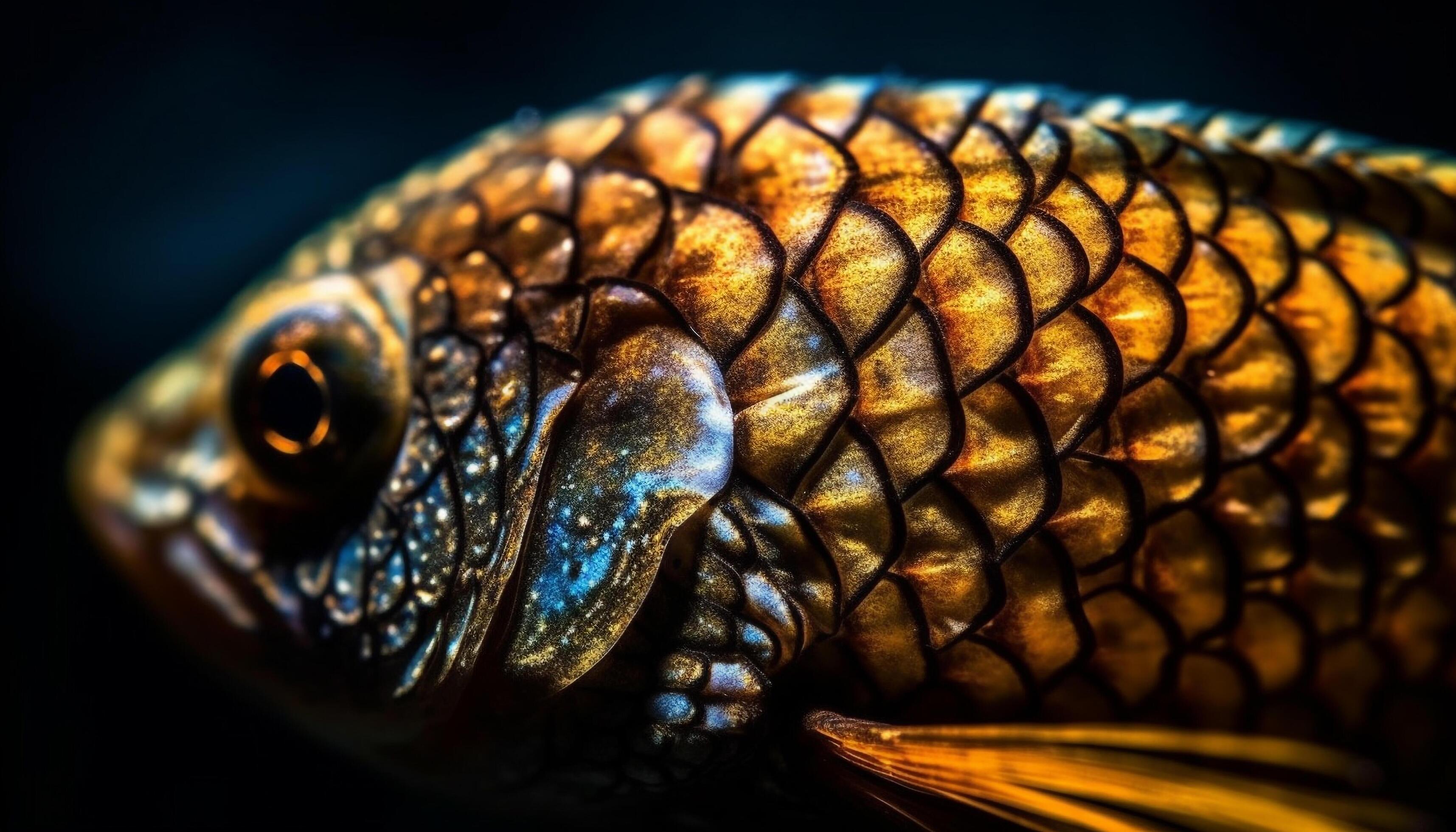 Golden dragon fish scales shimmer in underwater beauty of nature