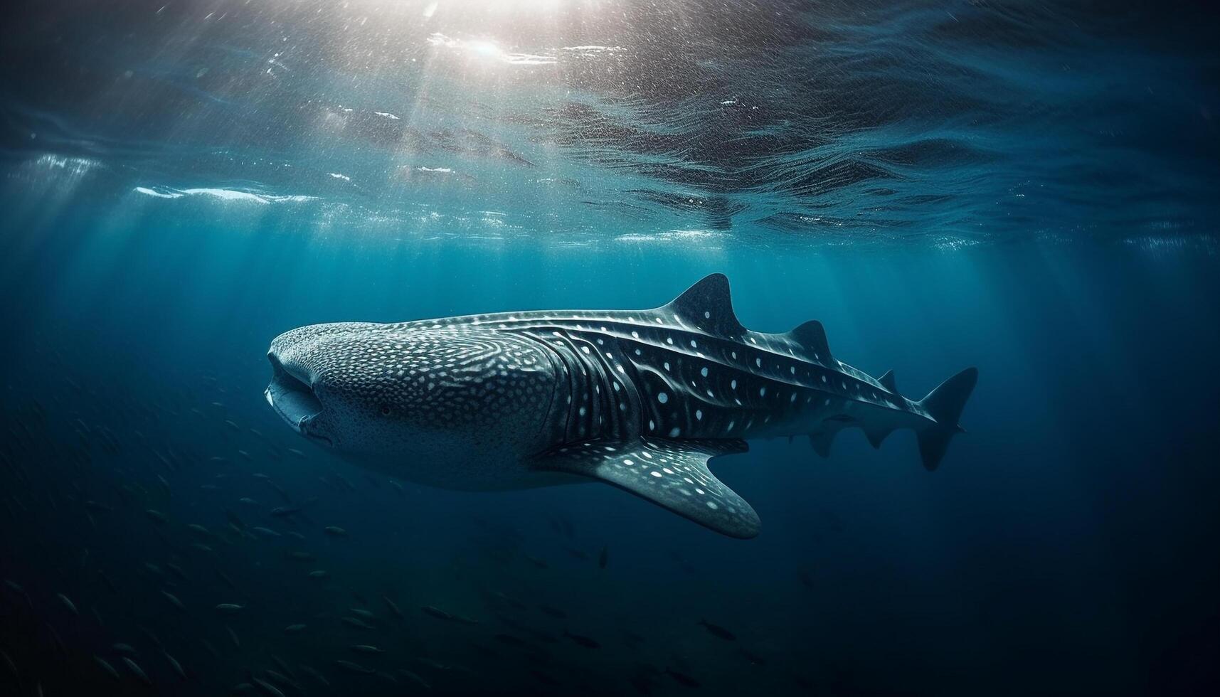 Majestic whale shark and manta ray in multi colored seascape generated by AI photo