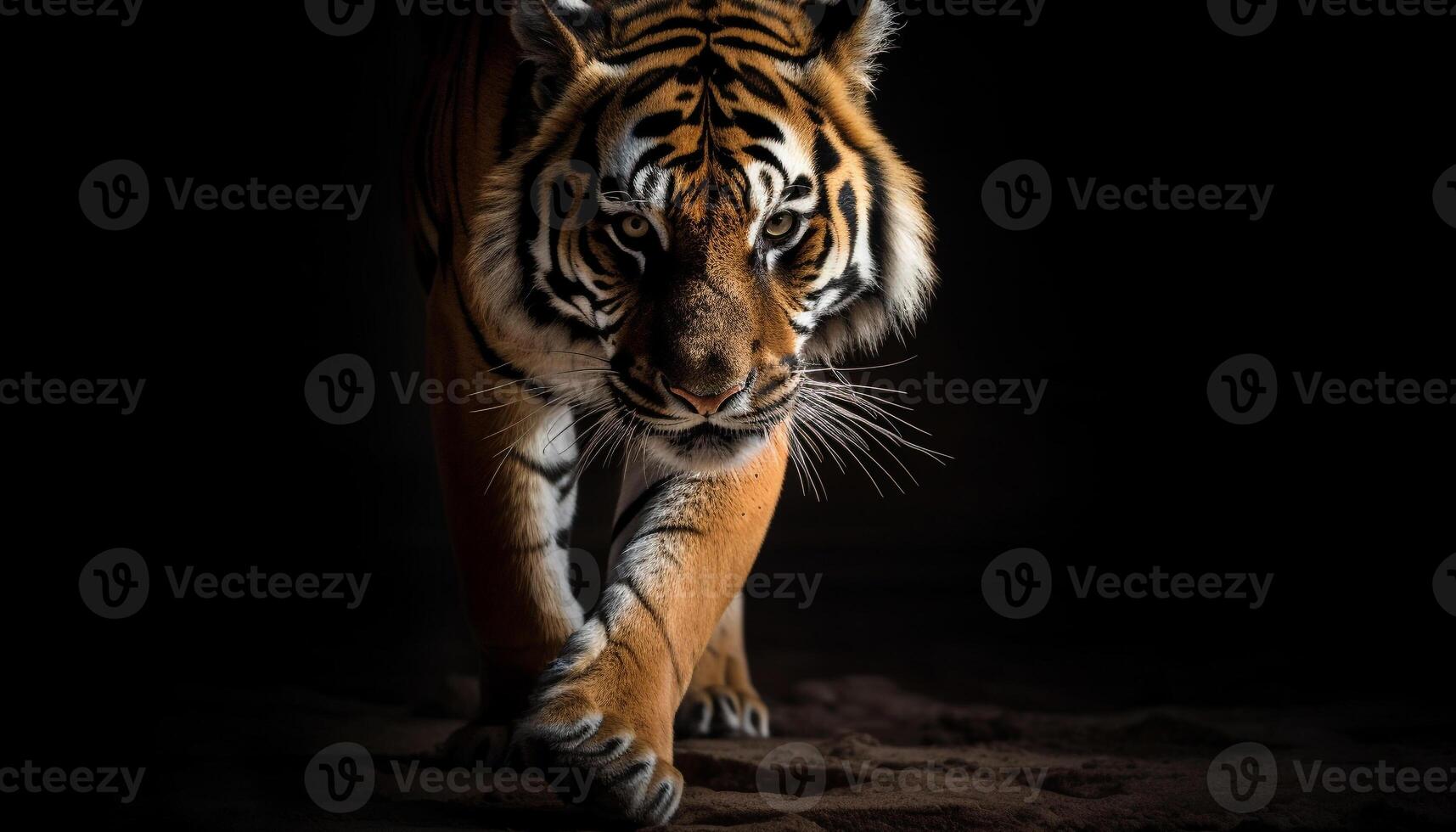 Majestic Bengal tiger walking in tropical rainforest, staring at camera generated by AI photo