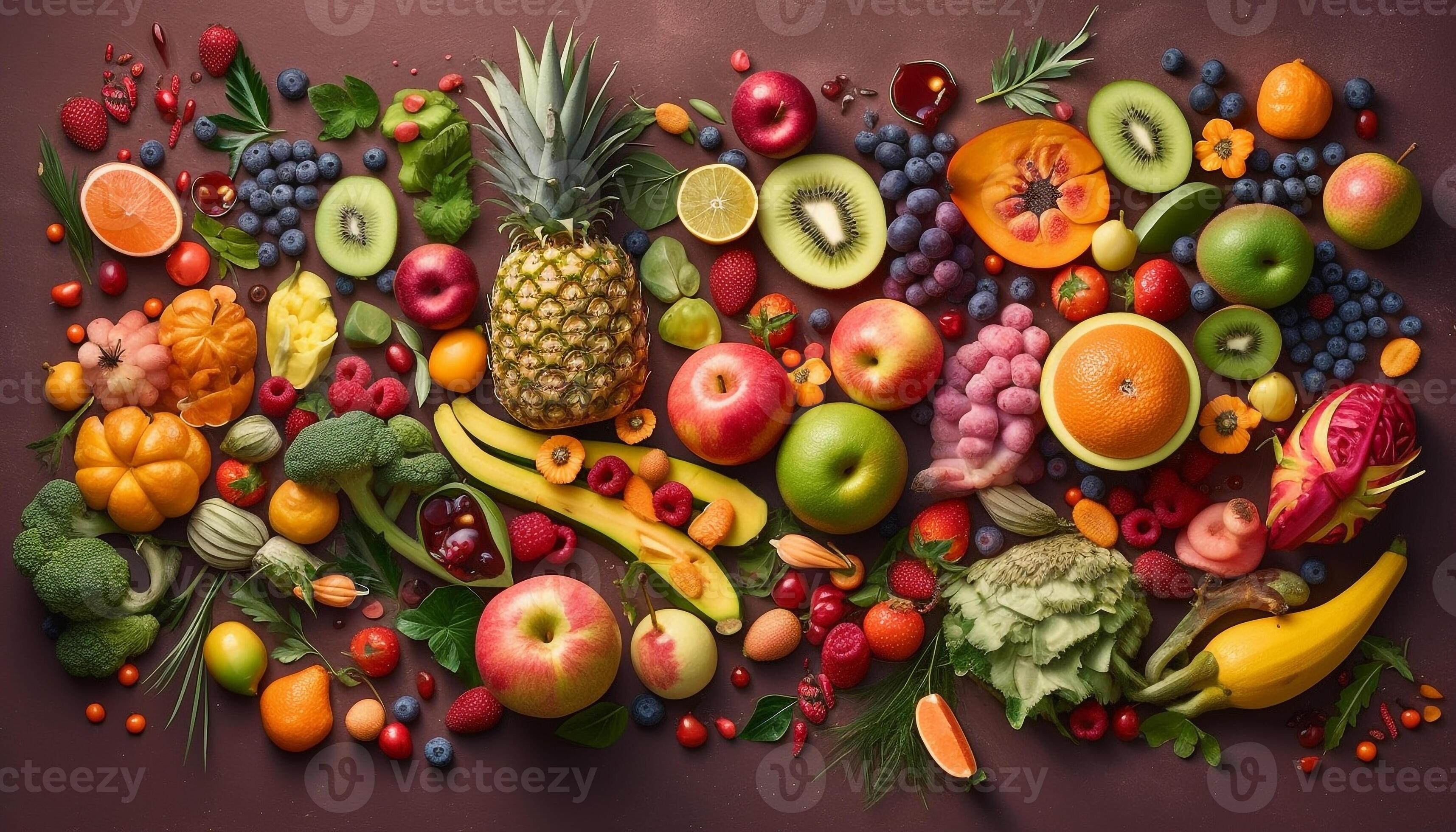 Vibrant collection of ripe, multi colored fruits and vegetables on