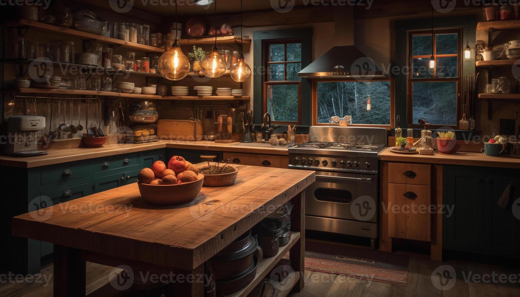 Modern luxury kitchen with rustic wood accents and fresh fruit generated by AI photo