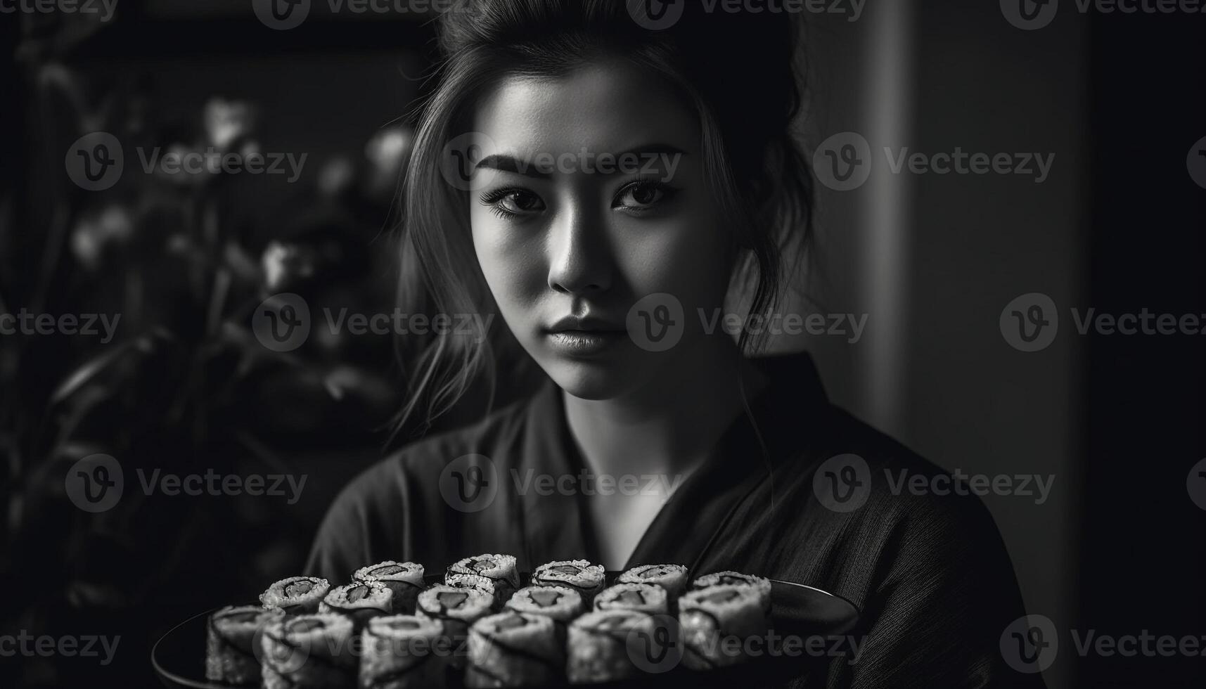 Young adult woman, portrait of beauty and elegance, holding table generated by AI photo