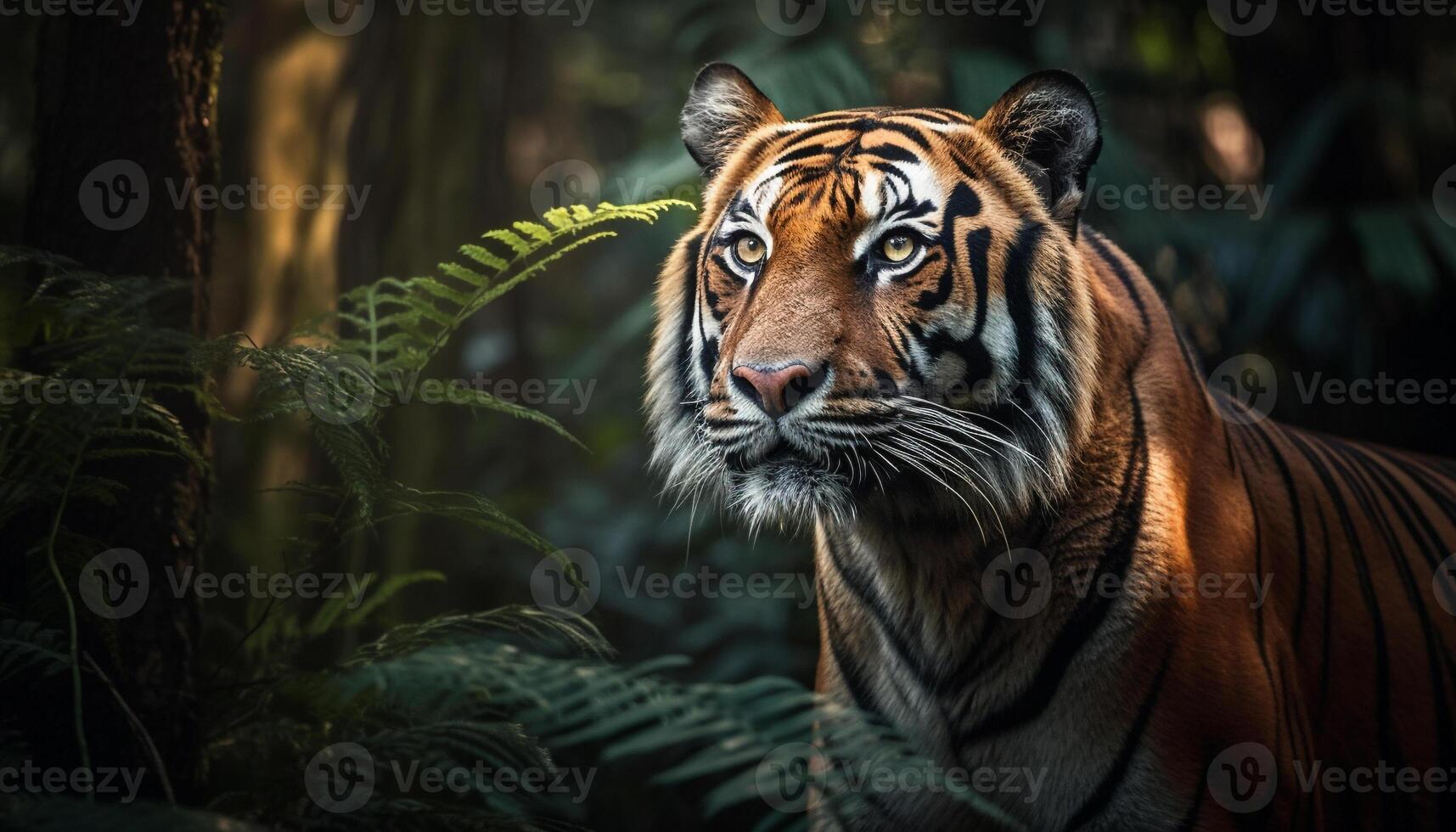 Bengal tiger staring, hiding in tropical rainforest, beauty in nature generated by AI photo