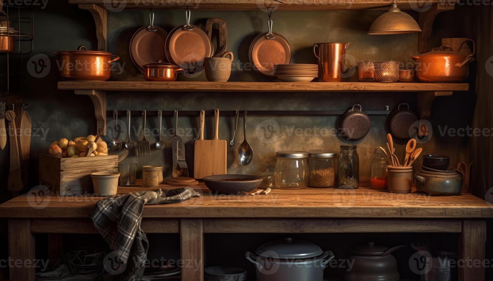 Rustic kitchen utensils collection on wooden shelf in domestic kitchen generated by AI photo