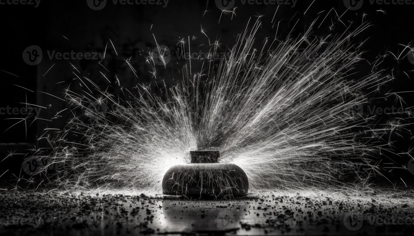 Metal industry equipment spraying liquid metal in glowing flame generated by AI photo