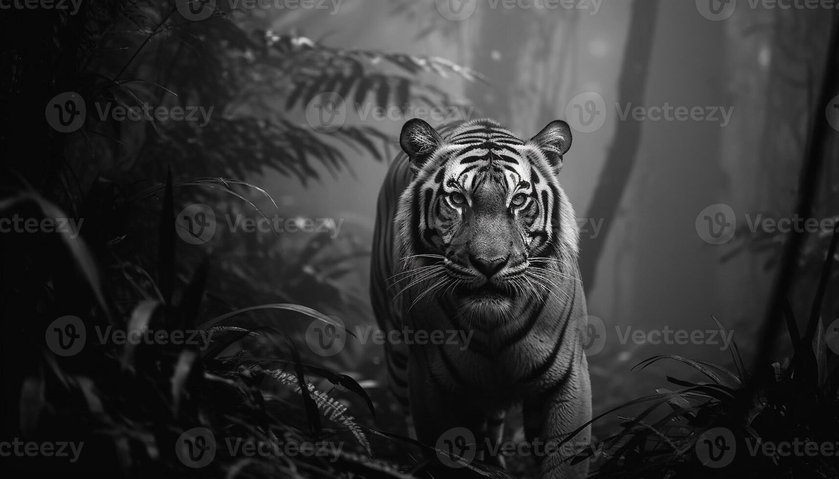 majestuoso Bengala Tigre caminando en tranquilo desierto, curioso con agresión generado por ai foto