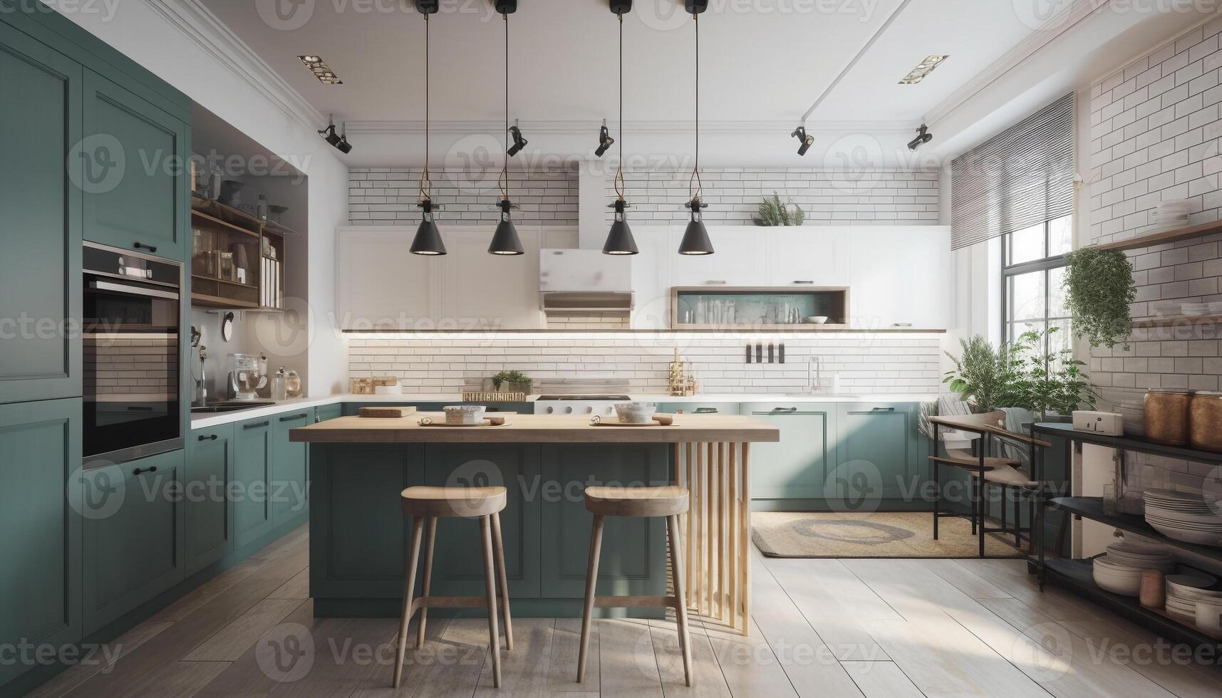 Modern luxury kitchen design with elegant wood material and stainless steel generated by AI photo