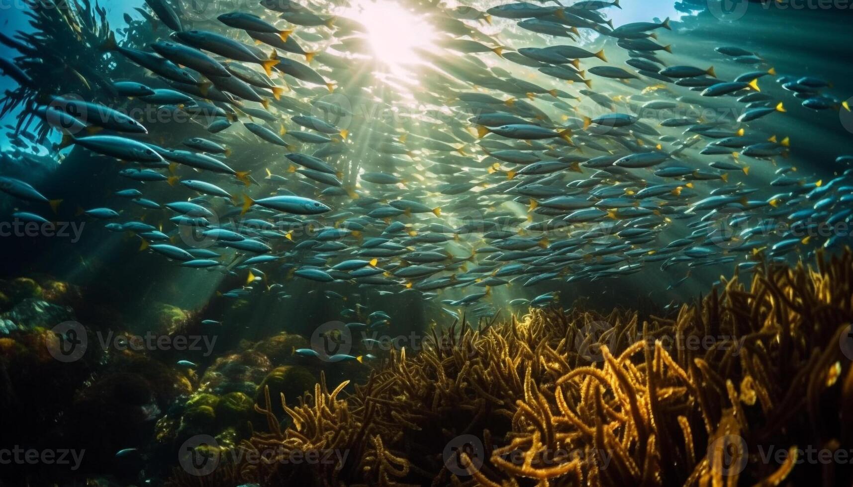 vibrante colegio de pescado nadar en tropical submarino paraíso generado por ai foto