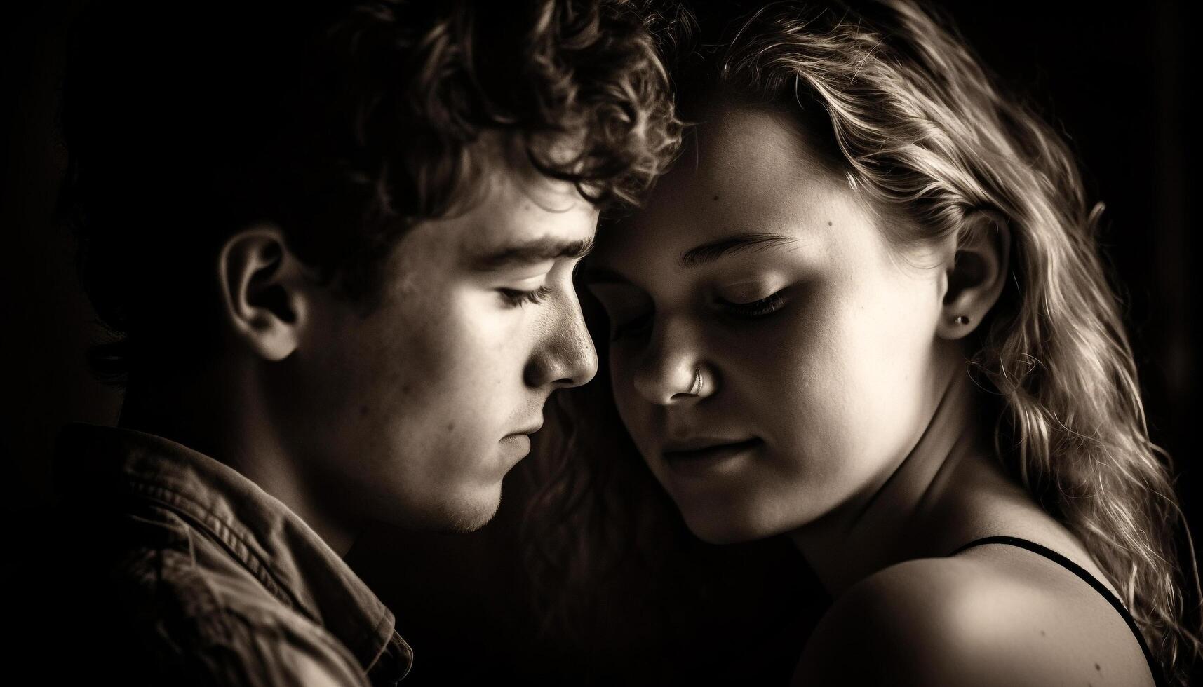 Smiling young couple embracing in black and white portrait outdoors generated by AI photo