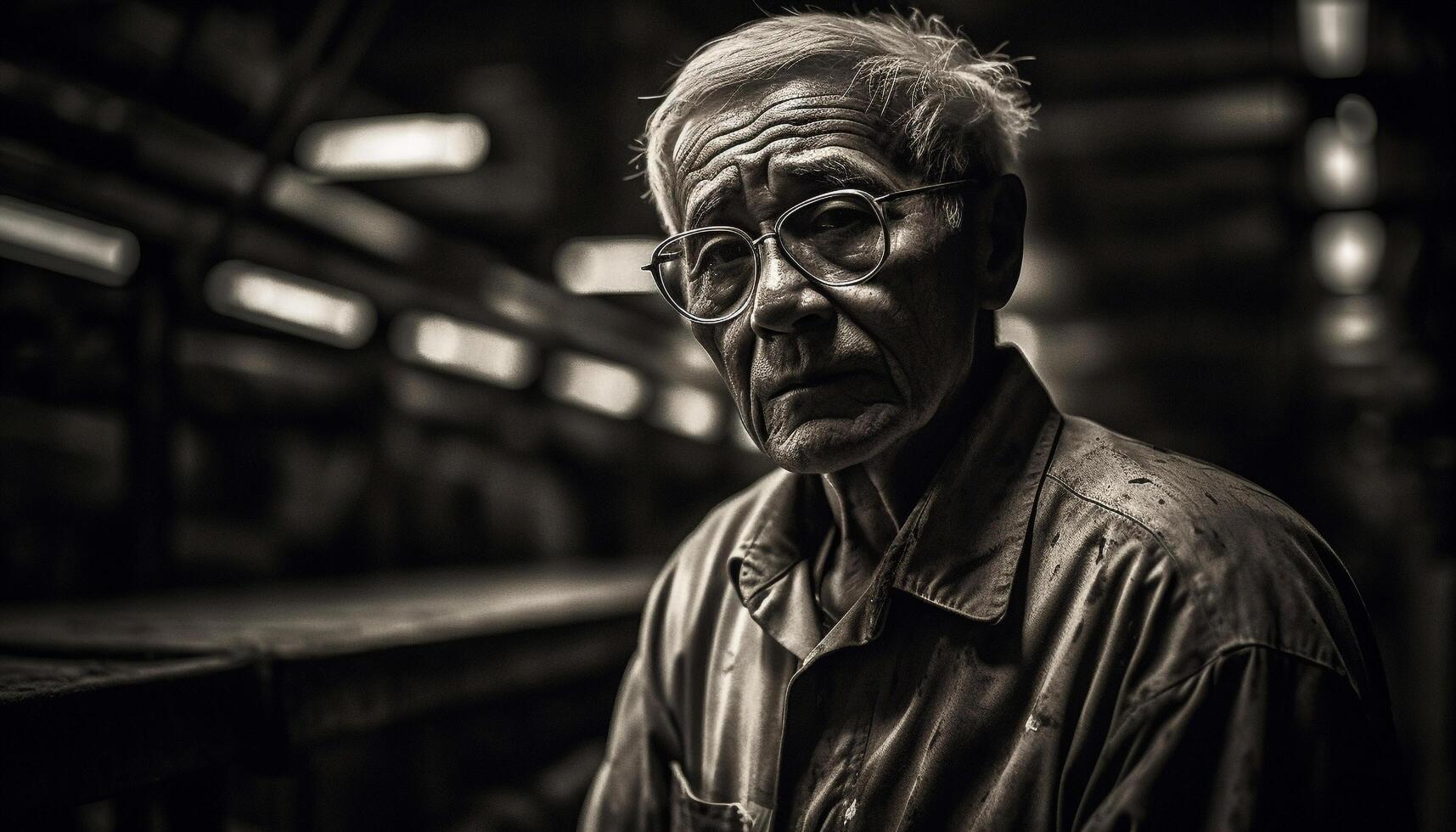 Serious senior man with gray hair and eyeglasses looking outdoors generated by AI photo