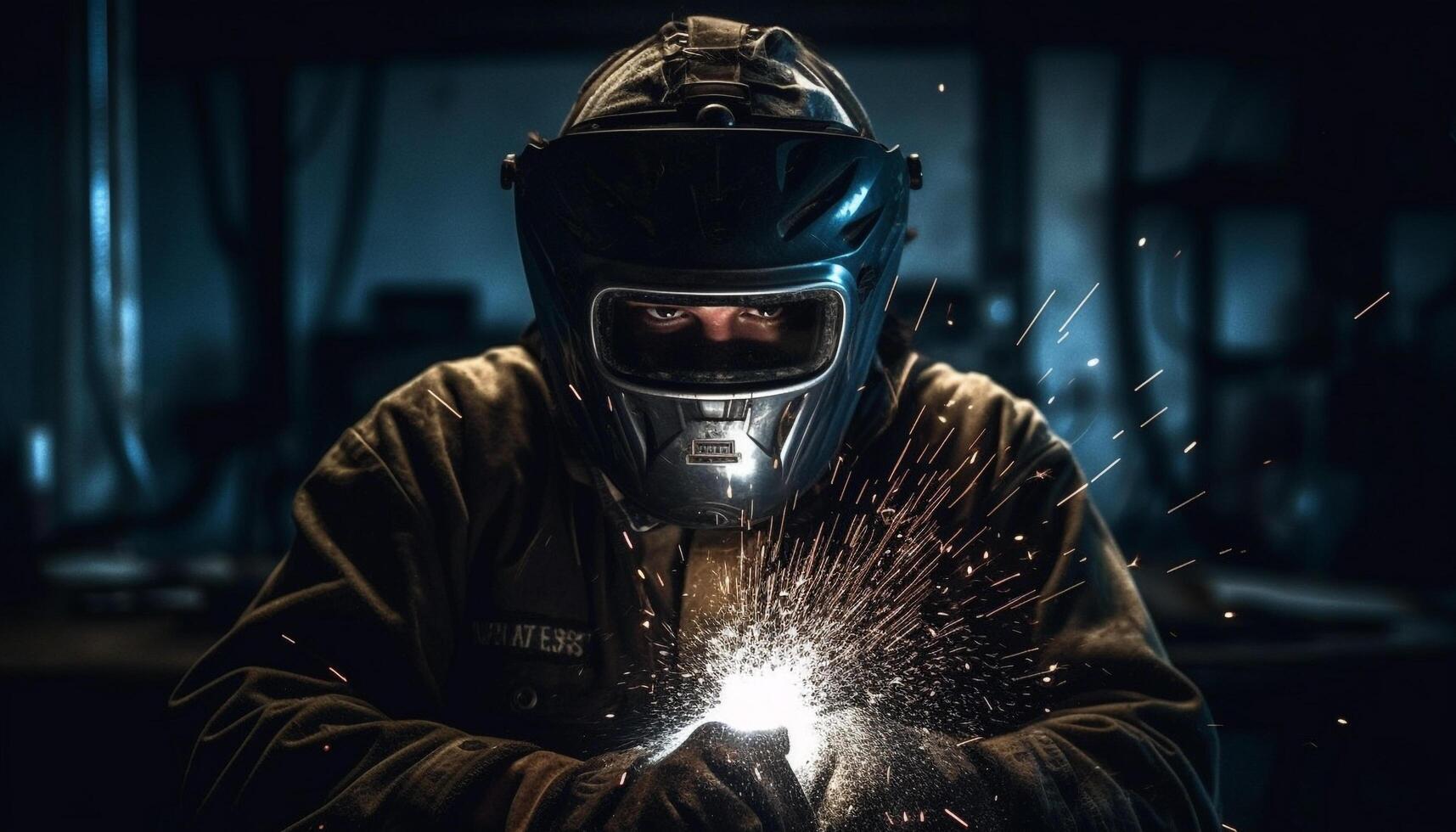 Metal worker in protective gear welding in factory workshop generated by AI photo