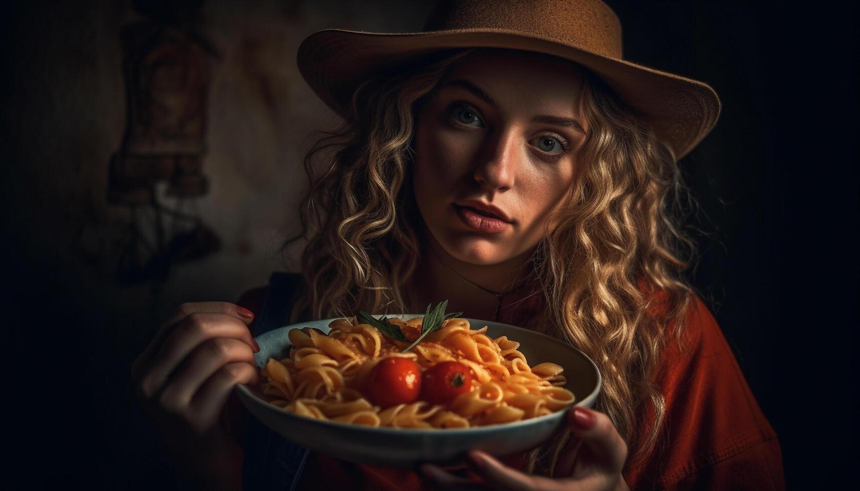 One young adult woman, with blond hair, eating fresh vegetables indoors generated by AI photo