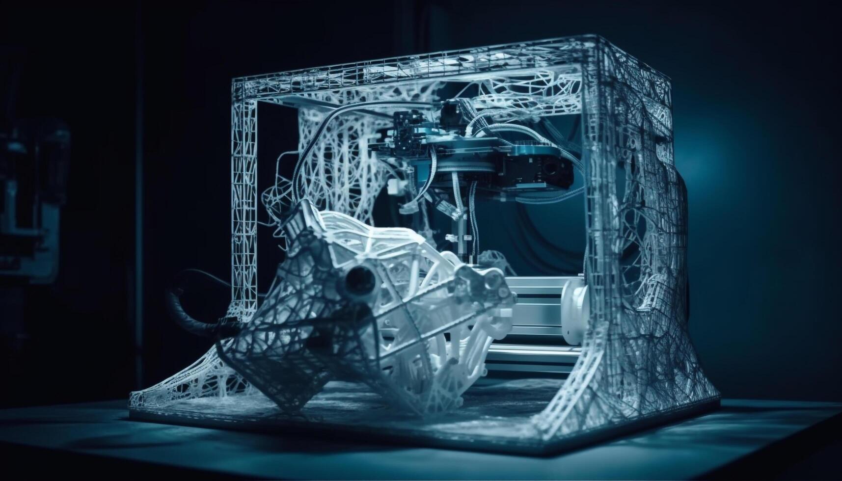 Futuristic machinery in a dark workshop, automated metal industry innovation generated by AI photo