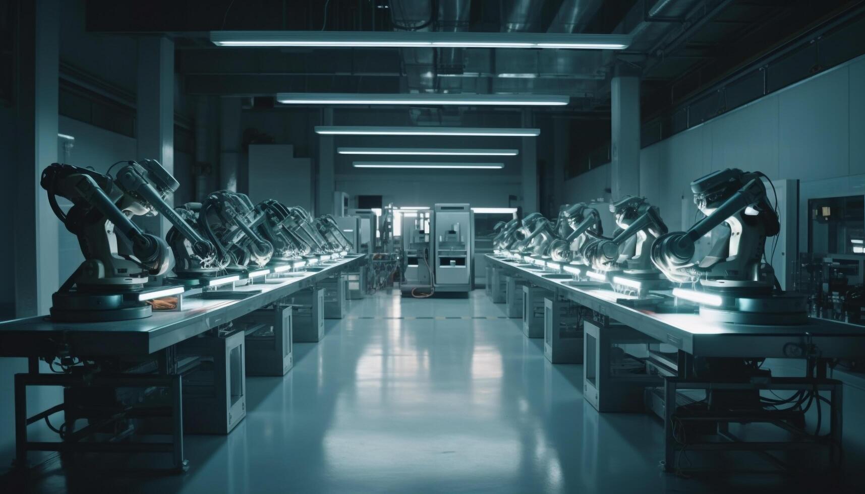 Robotic arm in modern factory, automated manufacturing equipment working inside generated by AI photo