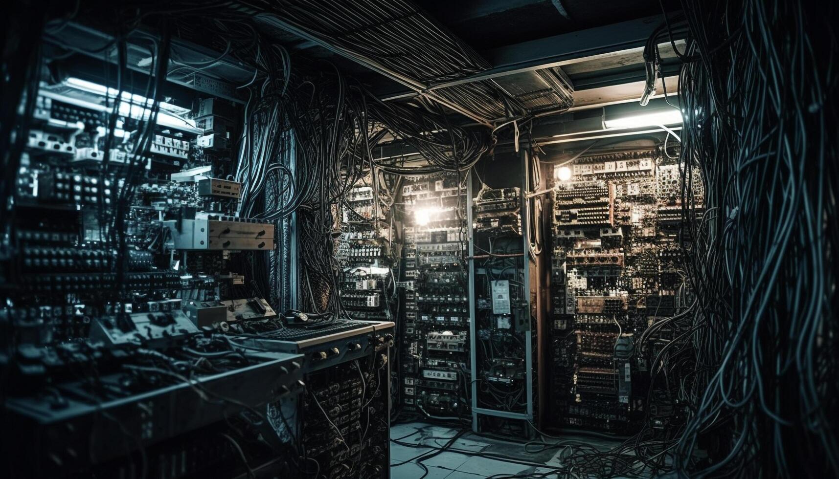 Inside the dark factory, old machinery and steel shelves illuminate generated by AI photo