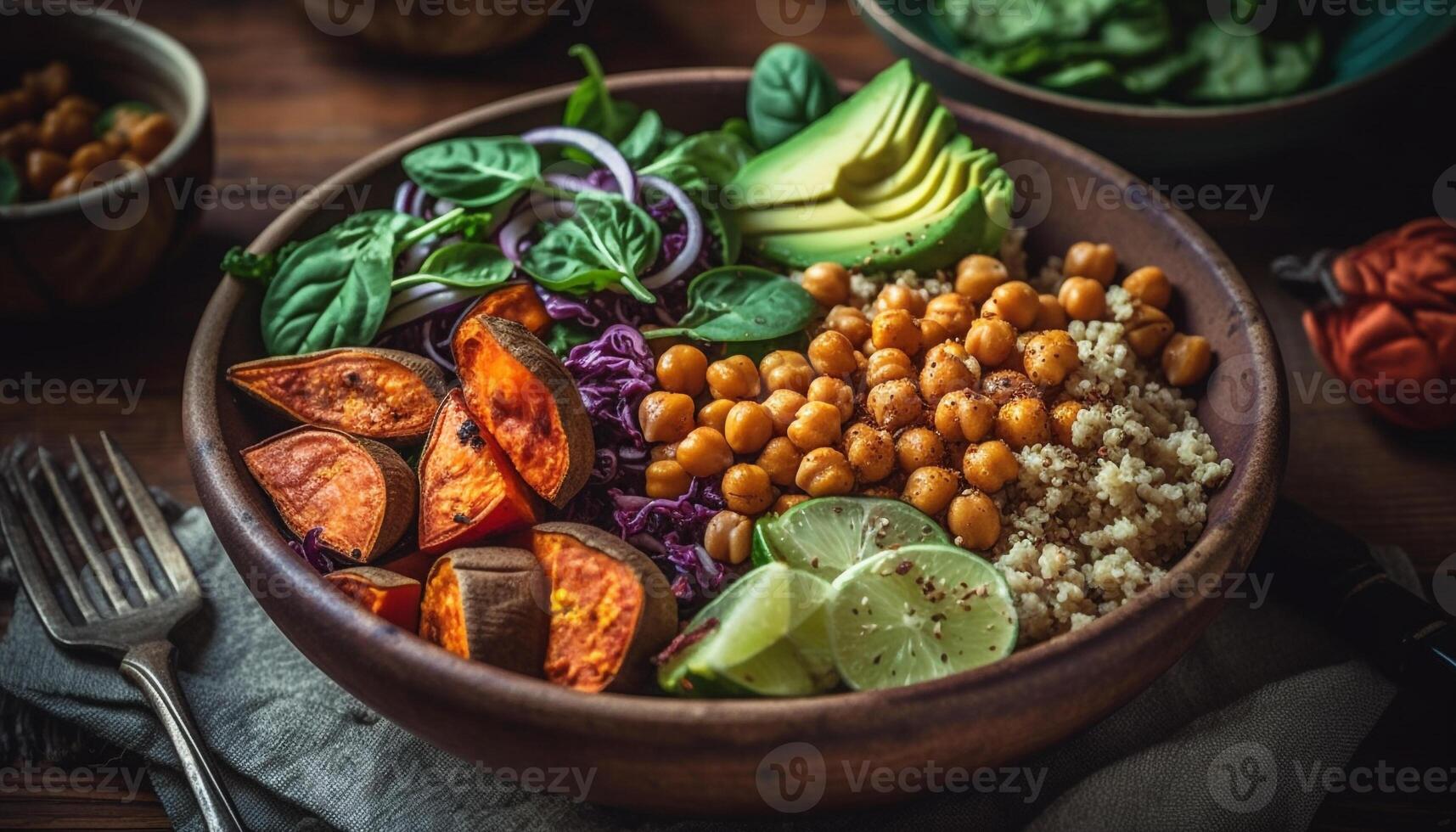Fresh vegetarian salad with avocado, tomato, and cilantro on rustic wood generated by AI photo